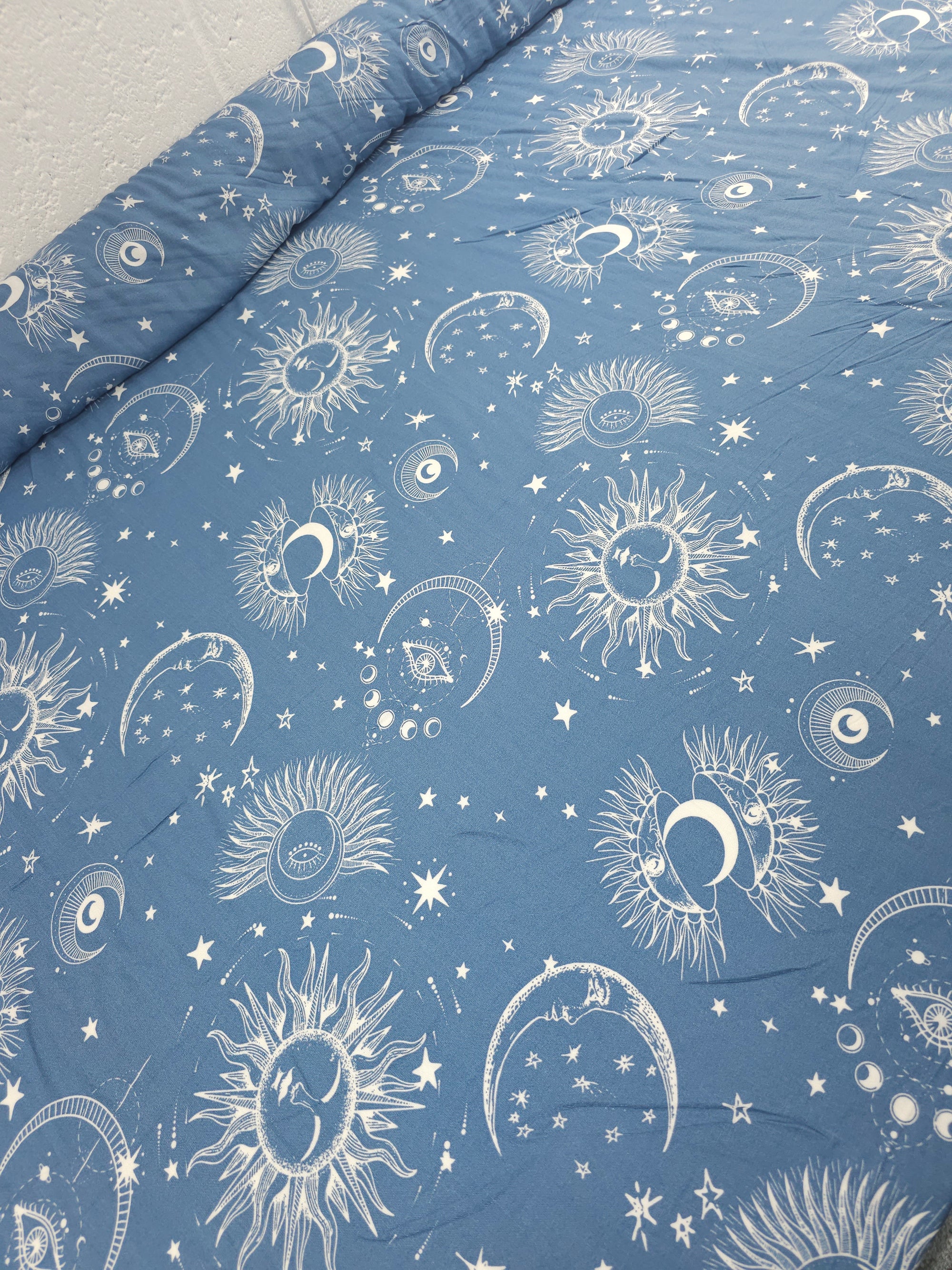 Powder Blue Celestial Moon Sun Viscose Challis