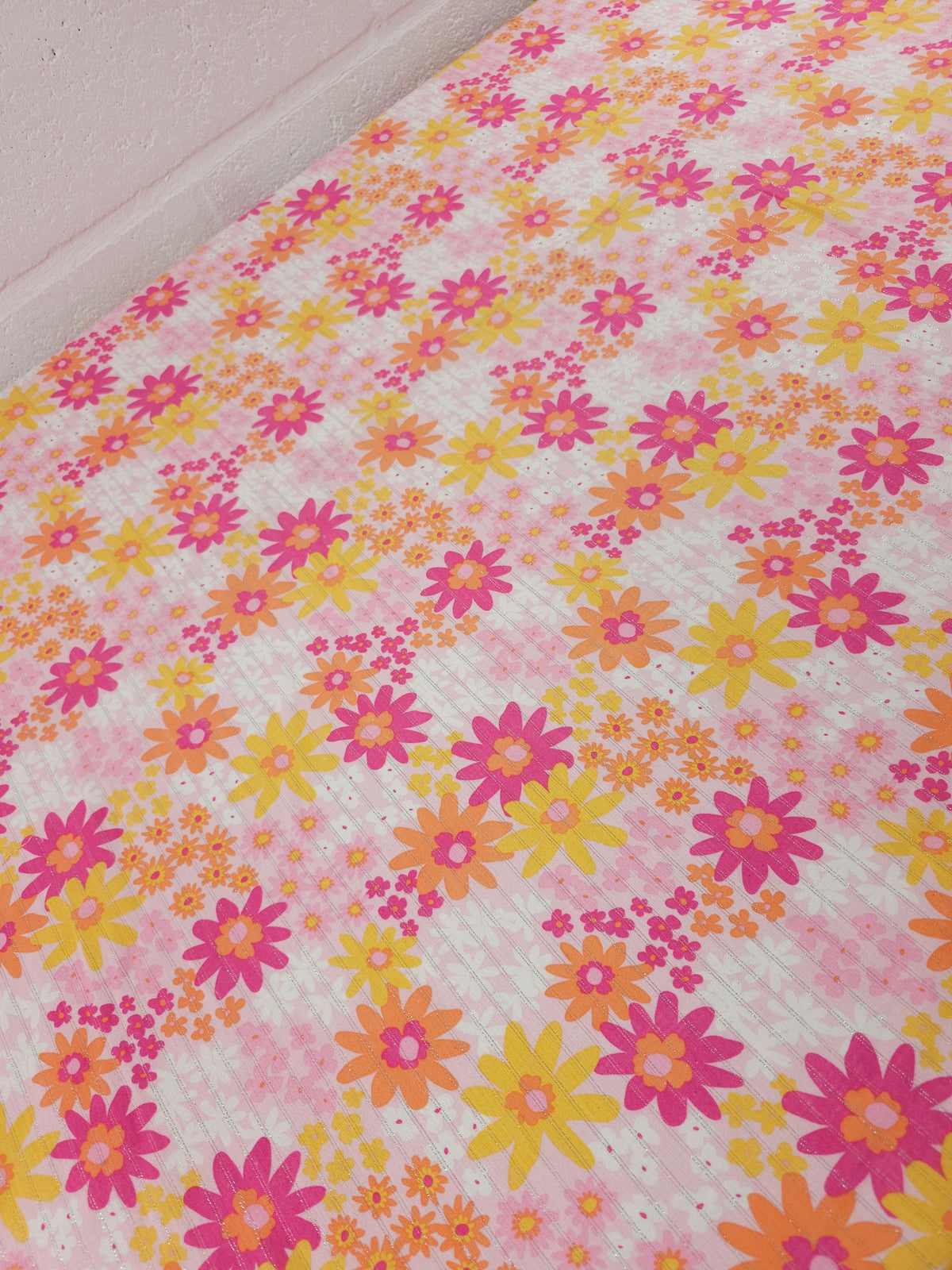 Orange/Pink Floral Silver Lurex Double Gauze