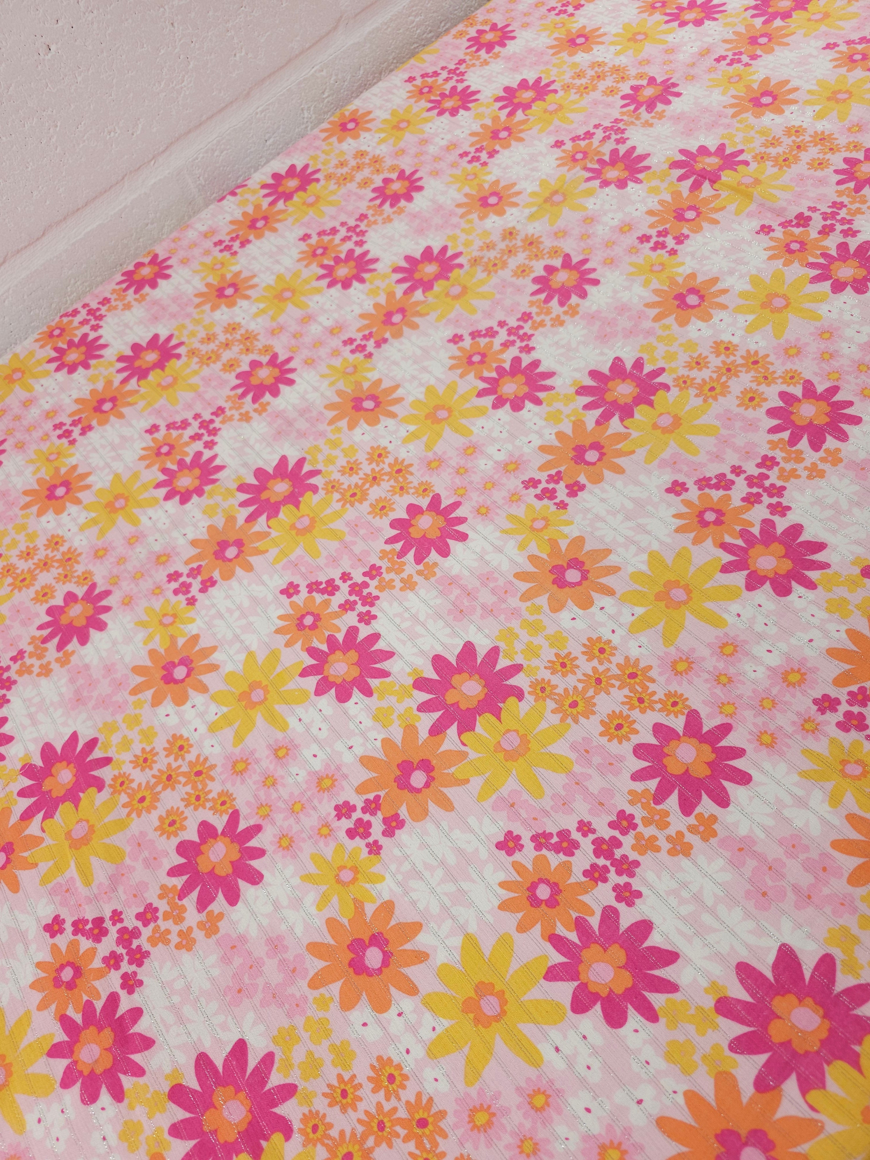 Orange/Pink Floral Silver Lurex Double Gauze