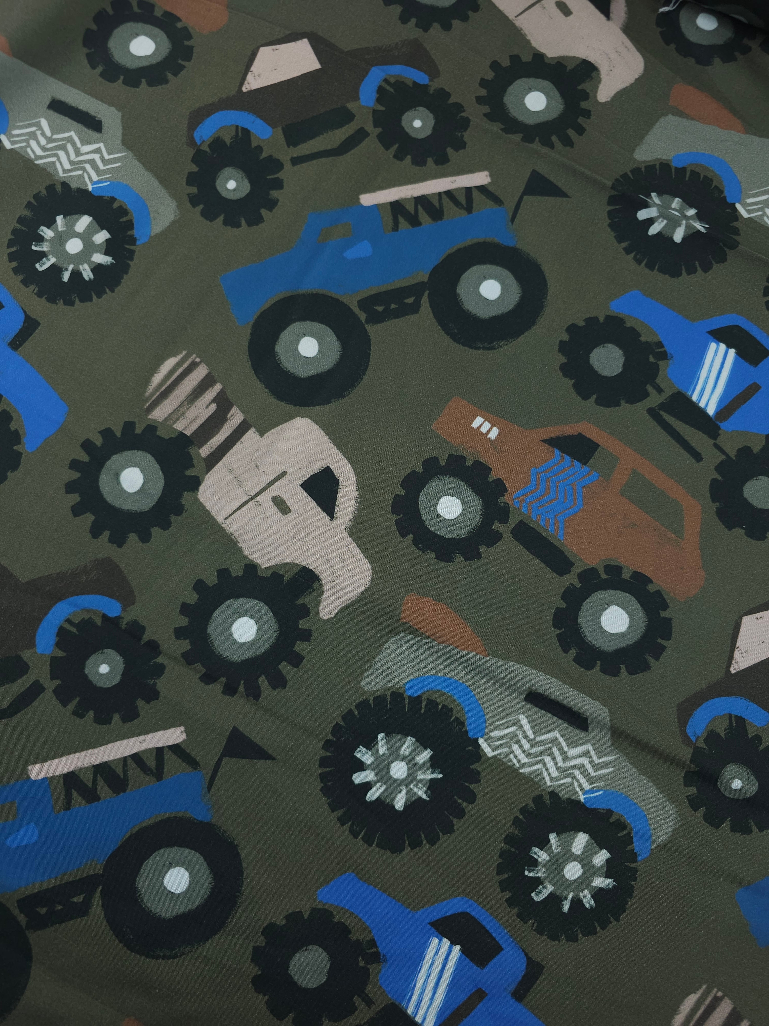 Khaki Monster Trucks 100% Cotton 57"