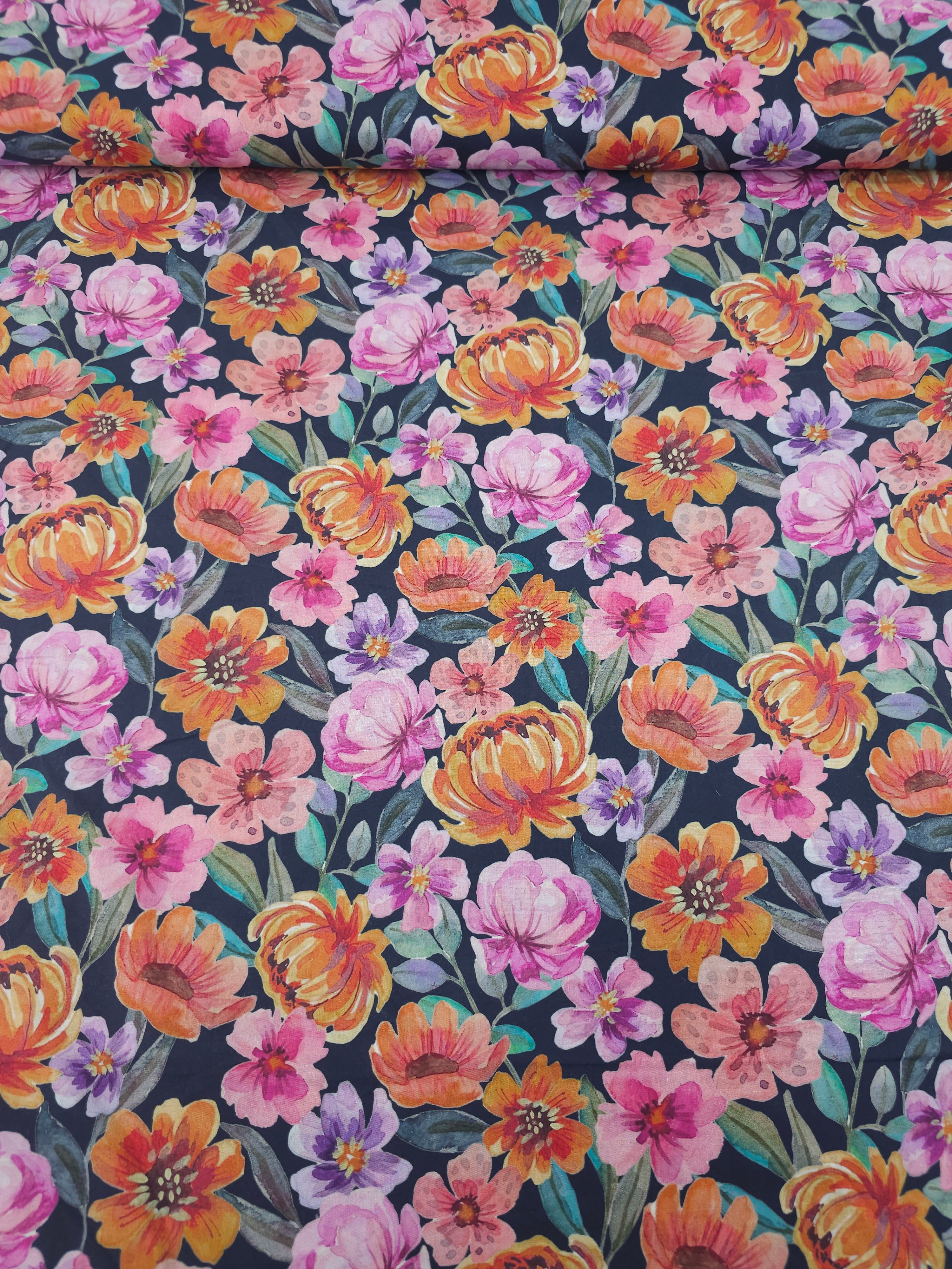 Summer Watercolour Florals On Teal Fine Cotton Poplin 57"
