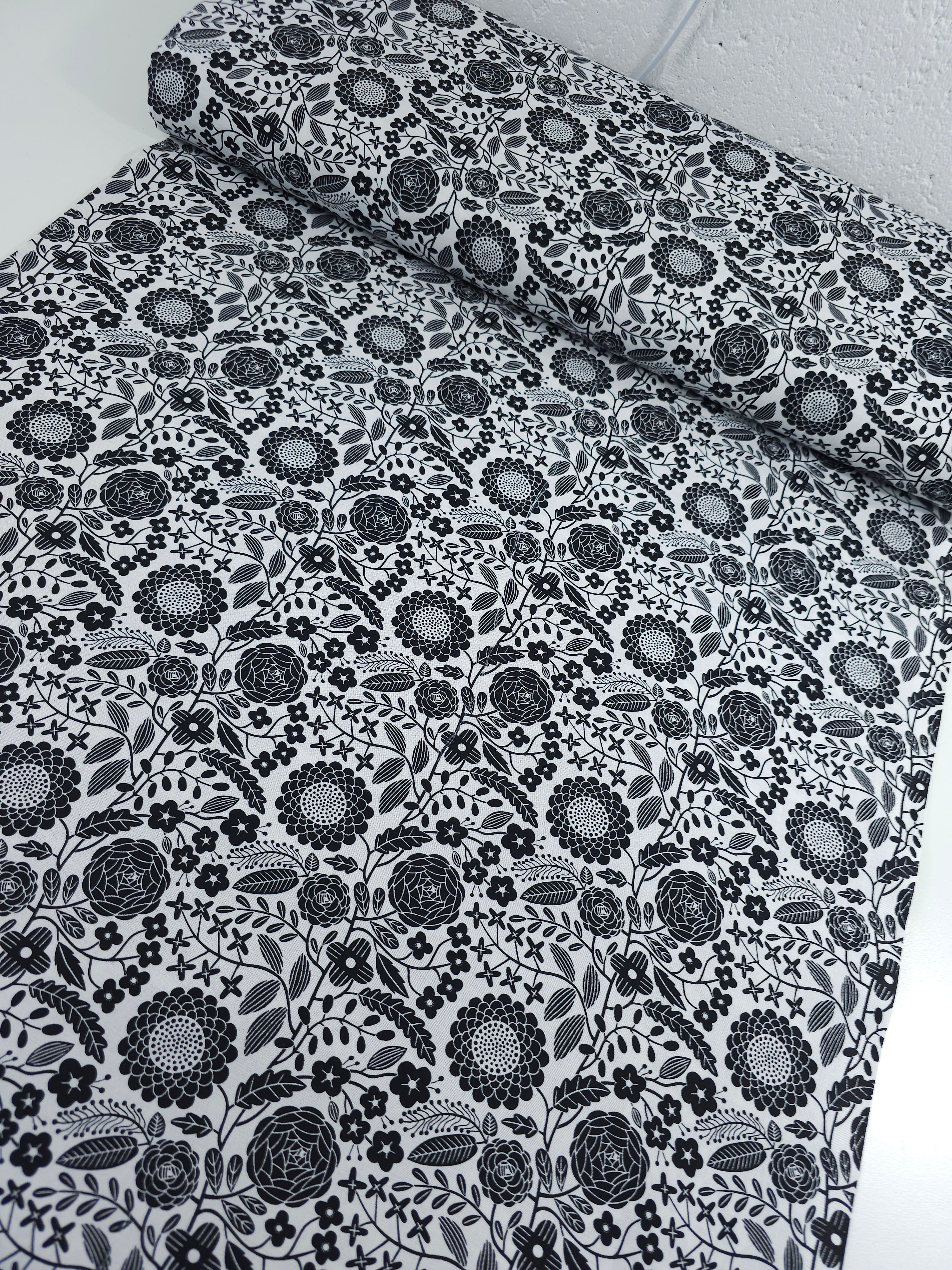 Black/White Floral Bloom 100% Cotton - Benartex *DEFECT*