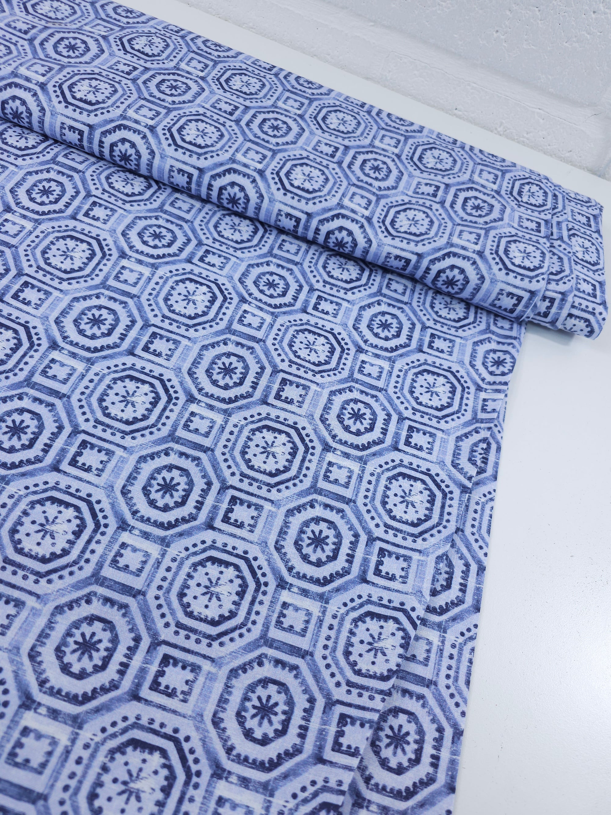 Cornflower Blue/Navy Mosaic Shapes 100% Cotton