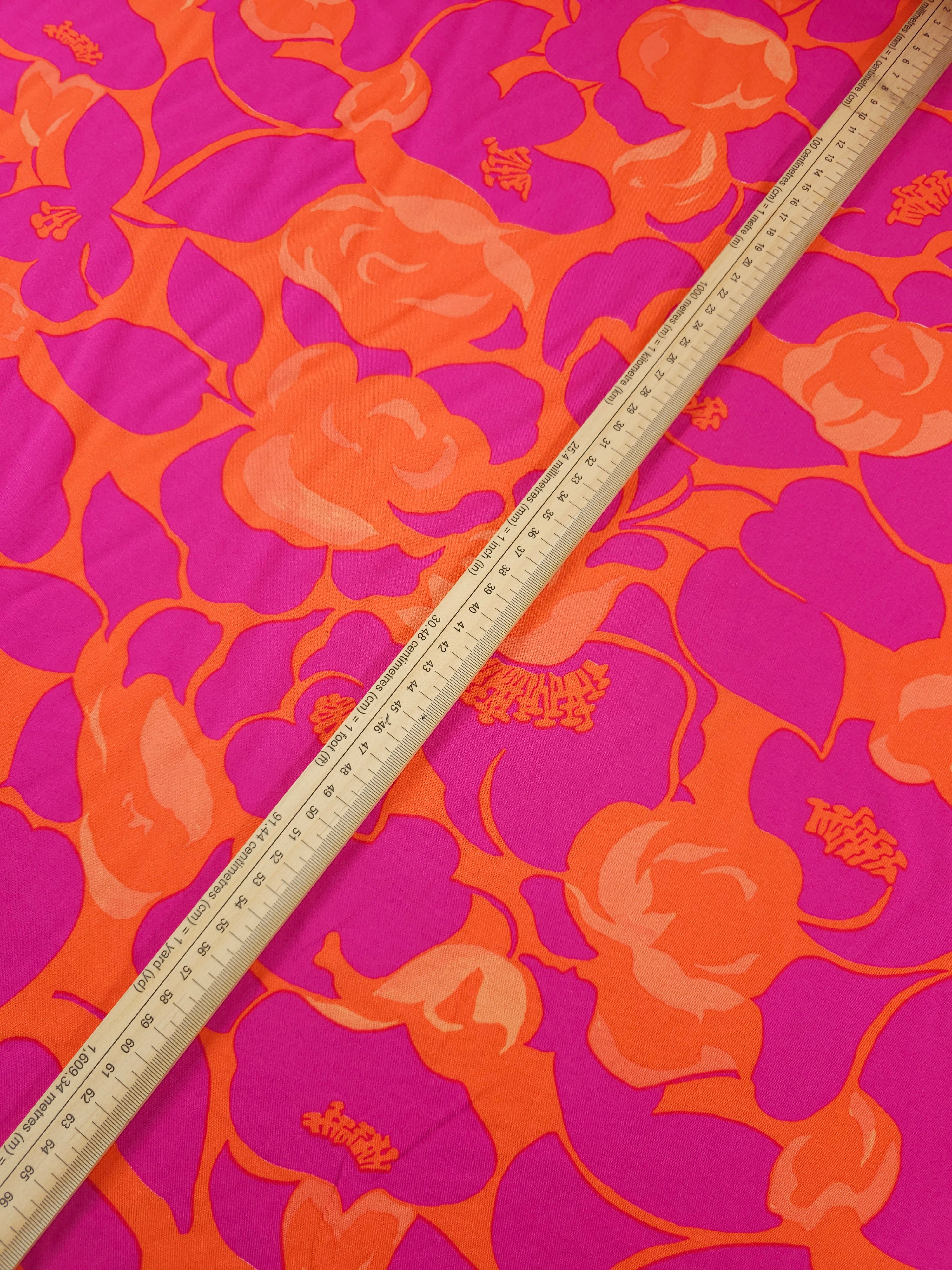 Hot Pink/Orange Petal Floral Viscose Challis