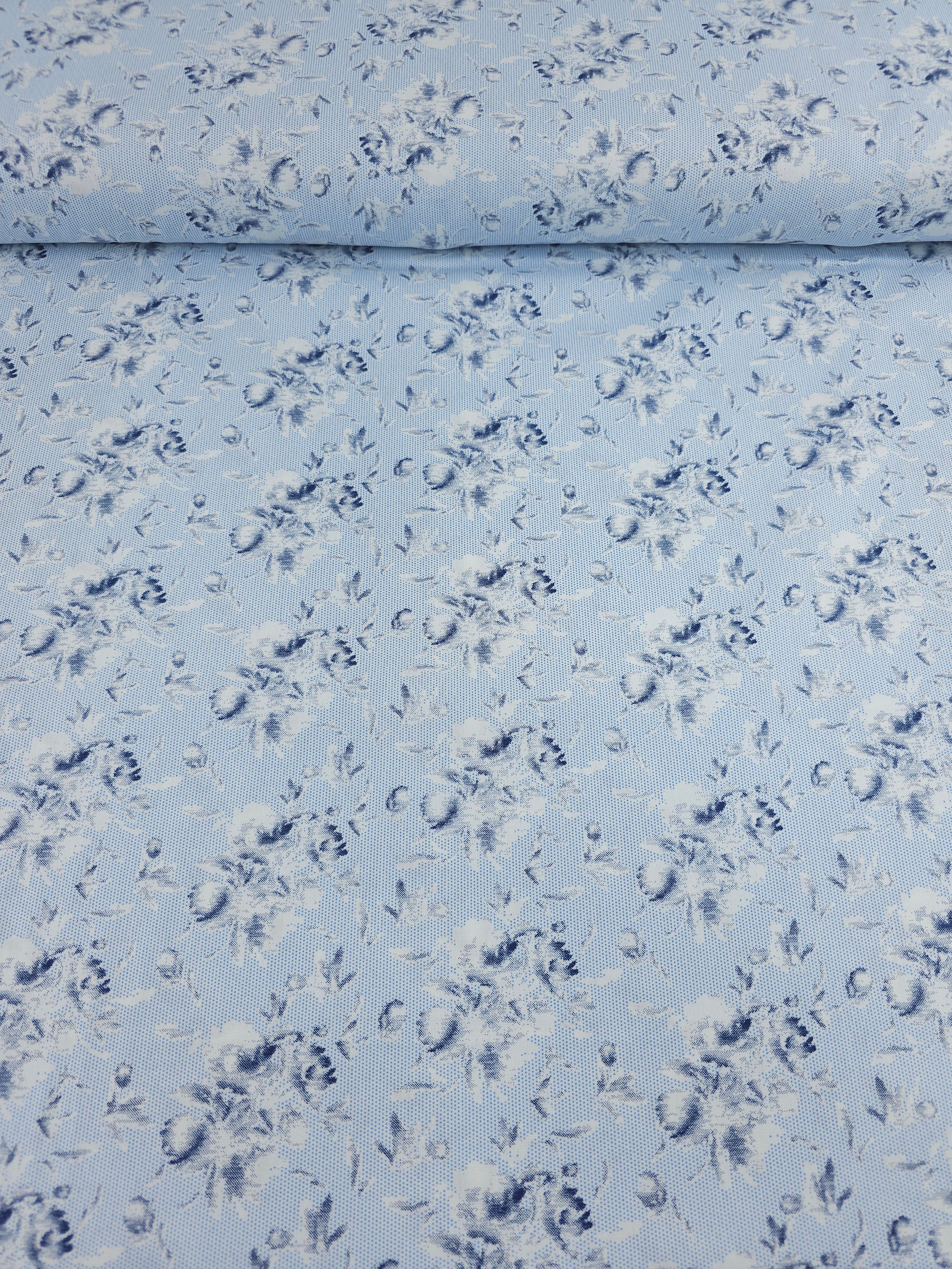 Light Blue Static Bouquet Floral 100% Cotton 55"