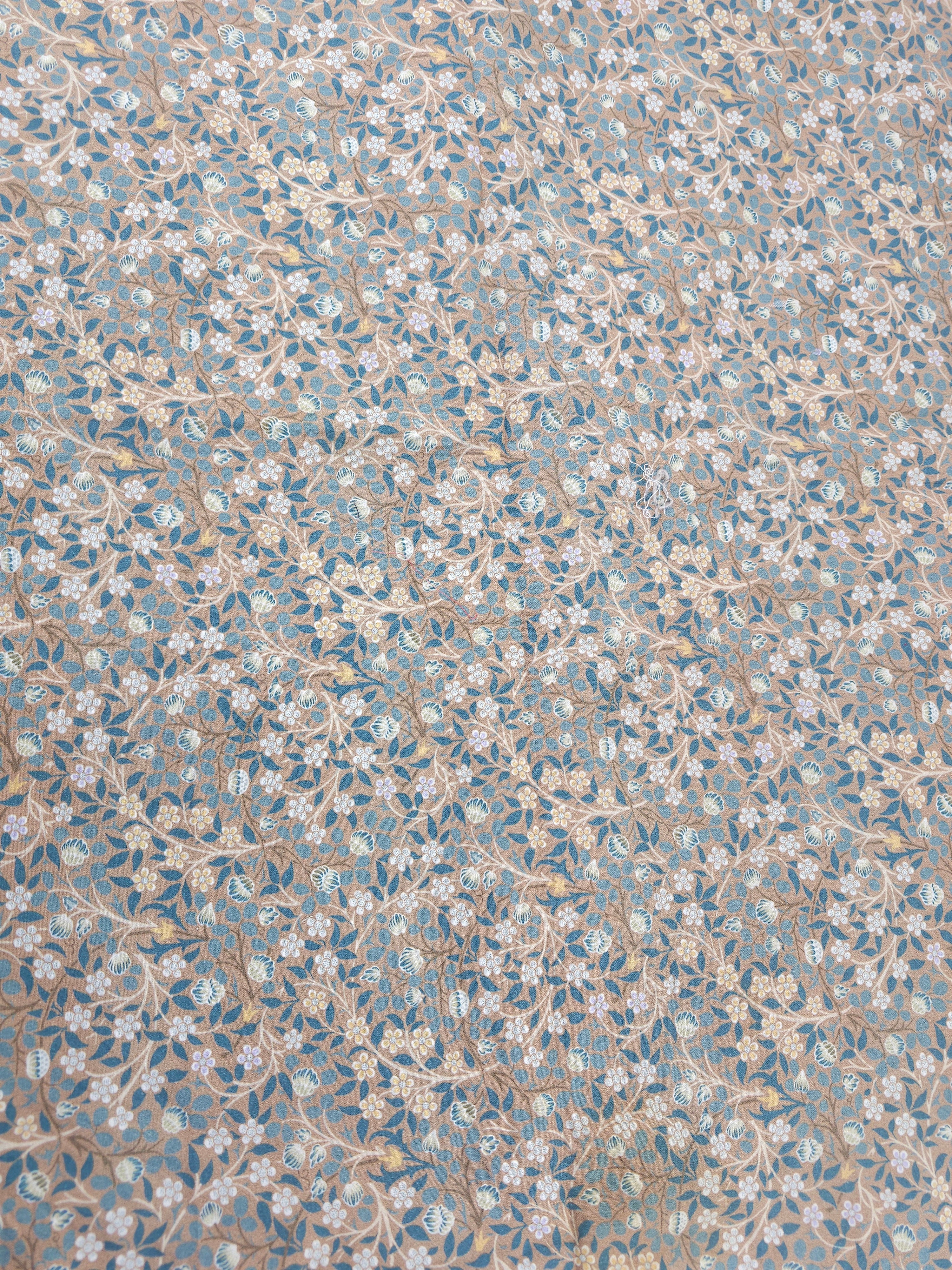 Beige blue traditional floral vine Cotton- 2.4m piece
