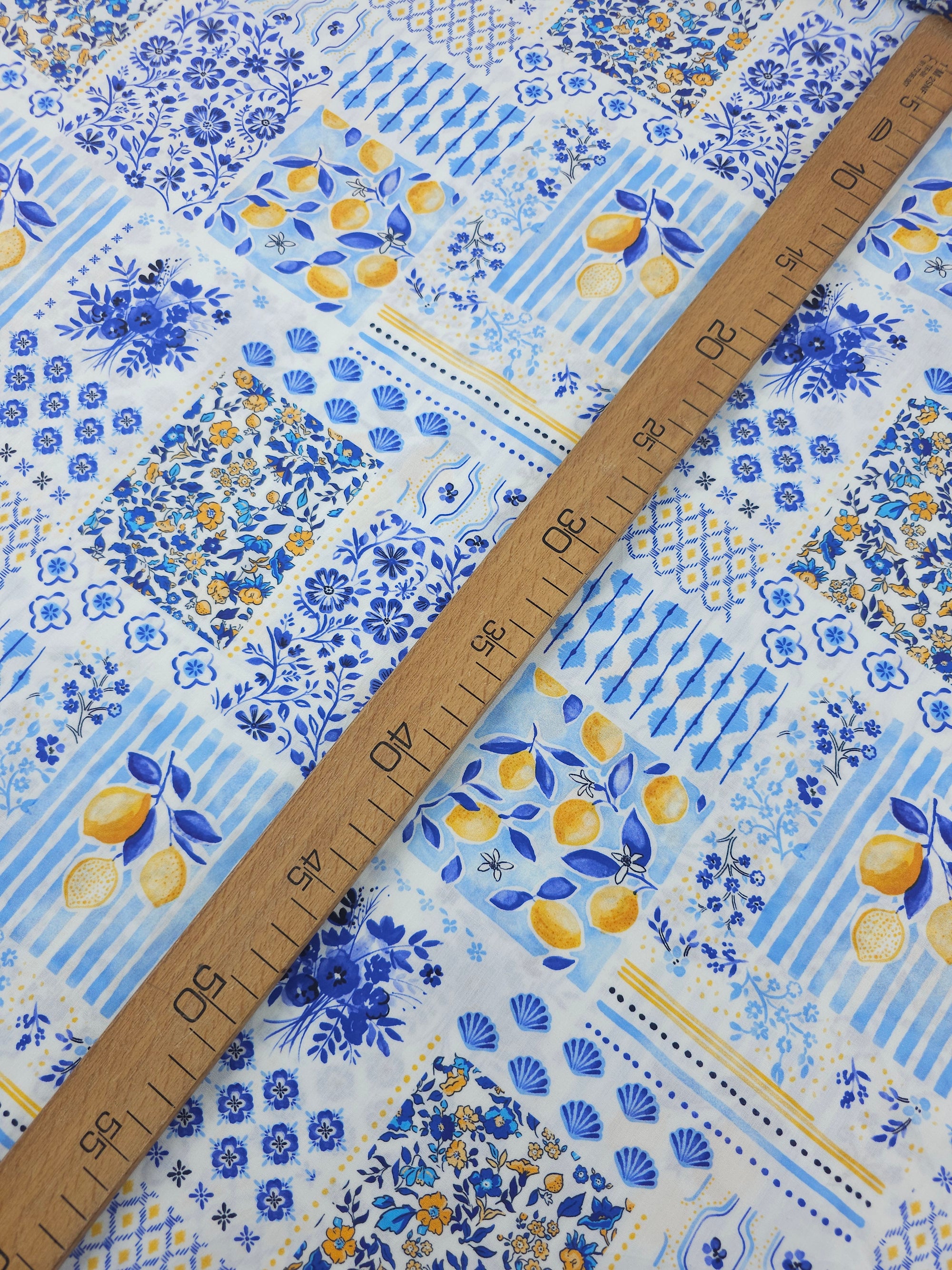 Blue Mediterannean Lemon Tile Lightweight Cotton 57"