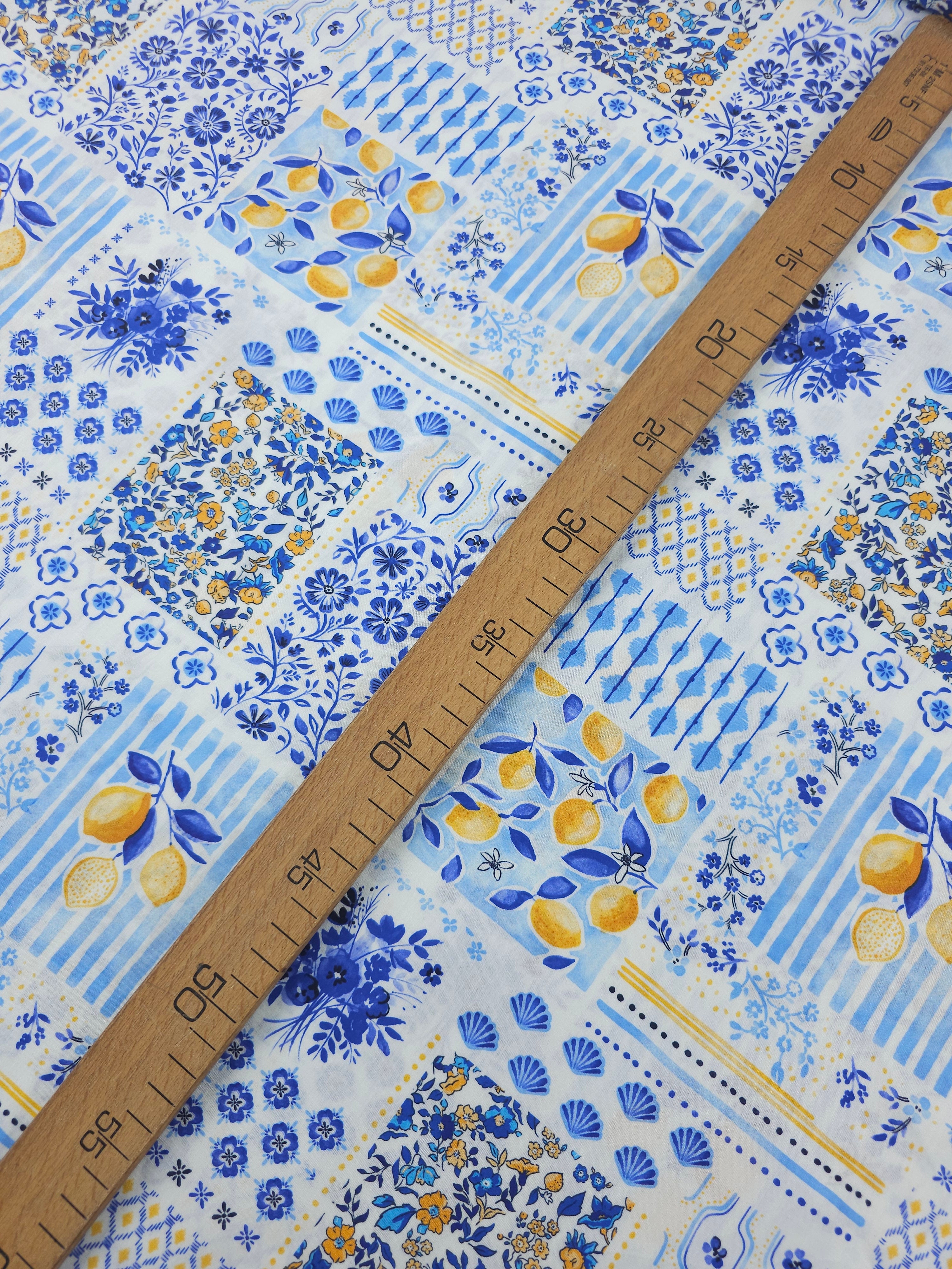 Blue Mediterannean Lemon Tile Lightweight Cotton 57"