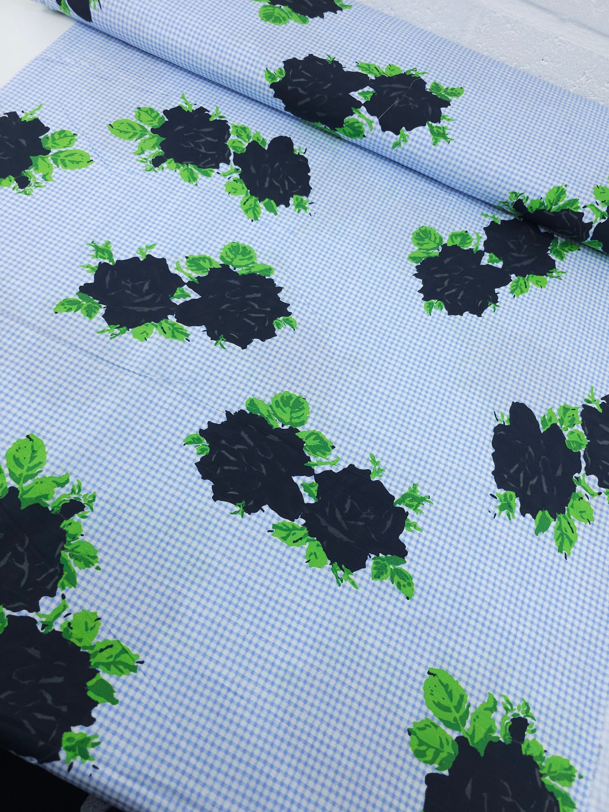 Powder Blue/Black Gingham Rose Cotton Poplin - GANNI