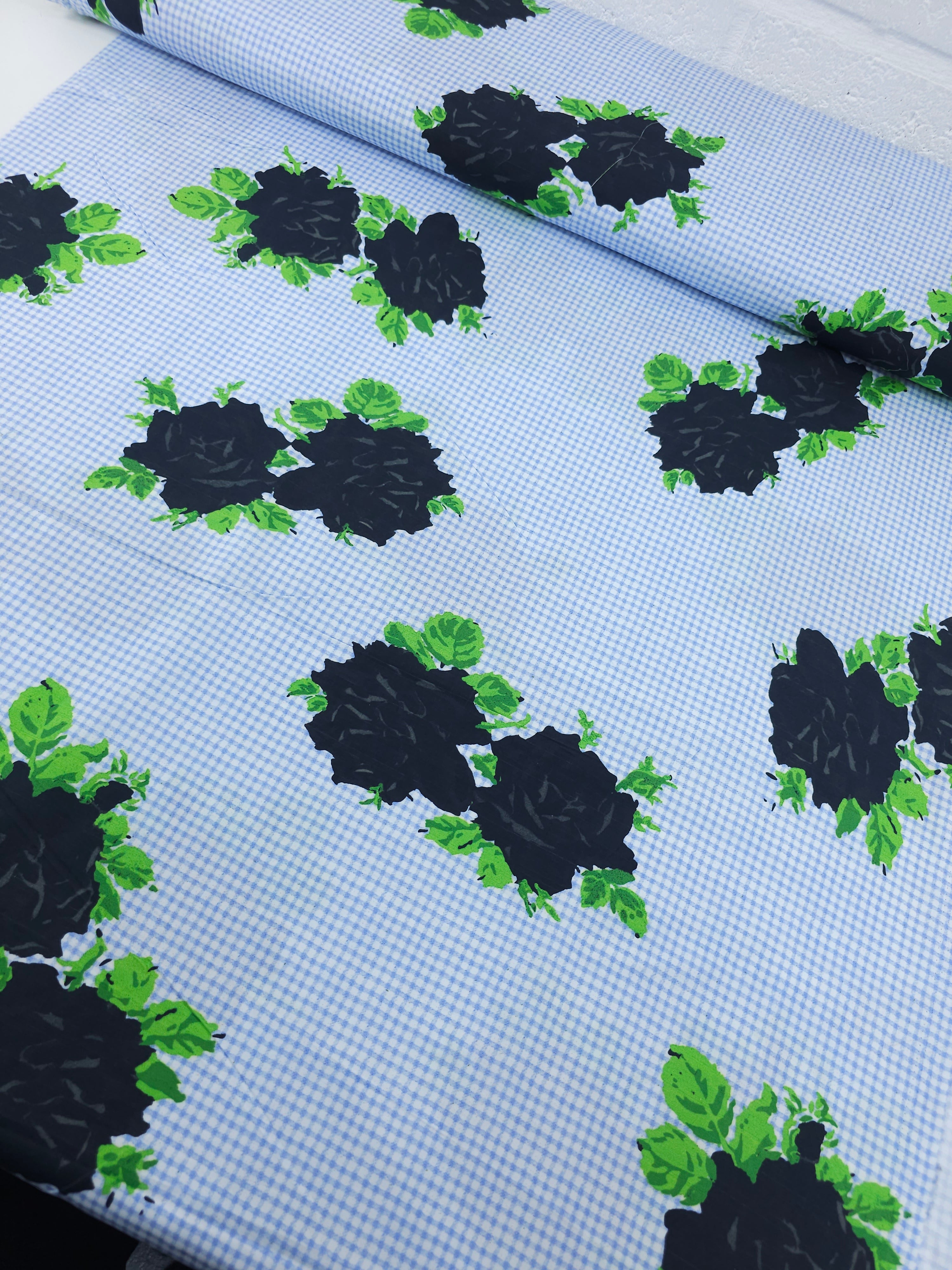 Powder Blue/Black Gingham Rose Cotton Poplin - GANNI