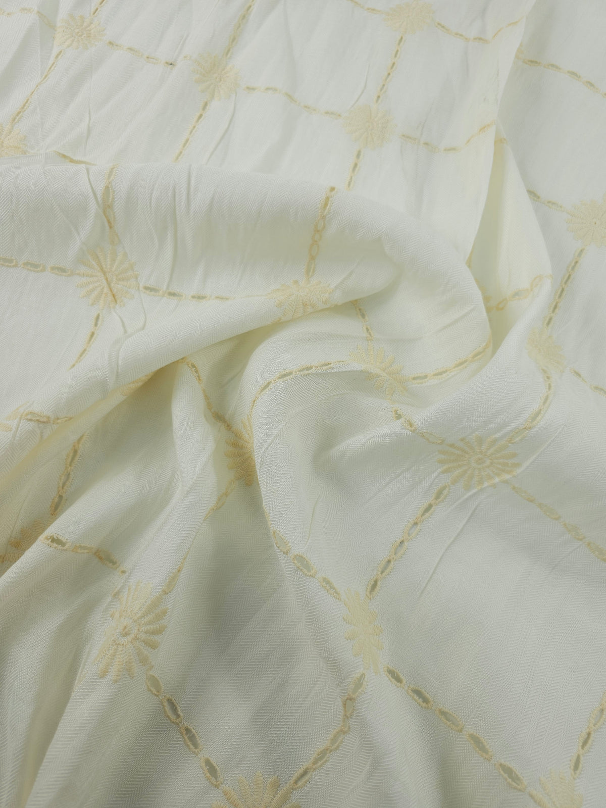 Ivory/Cream Flower Grid Viscose Linen Broderie Anglaise