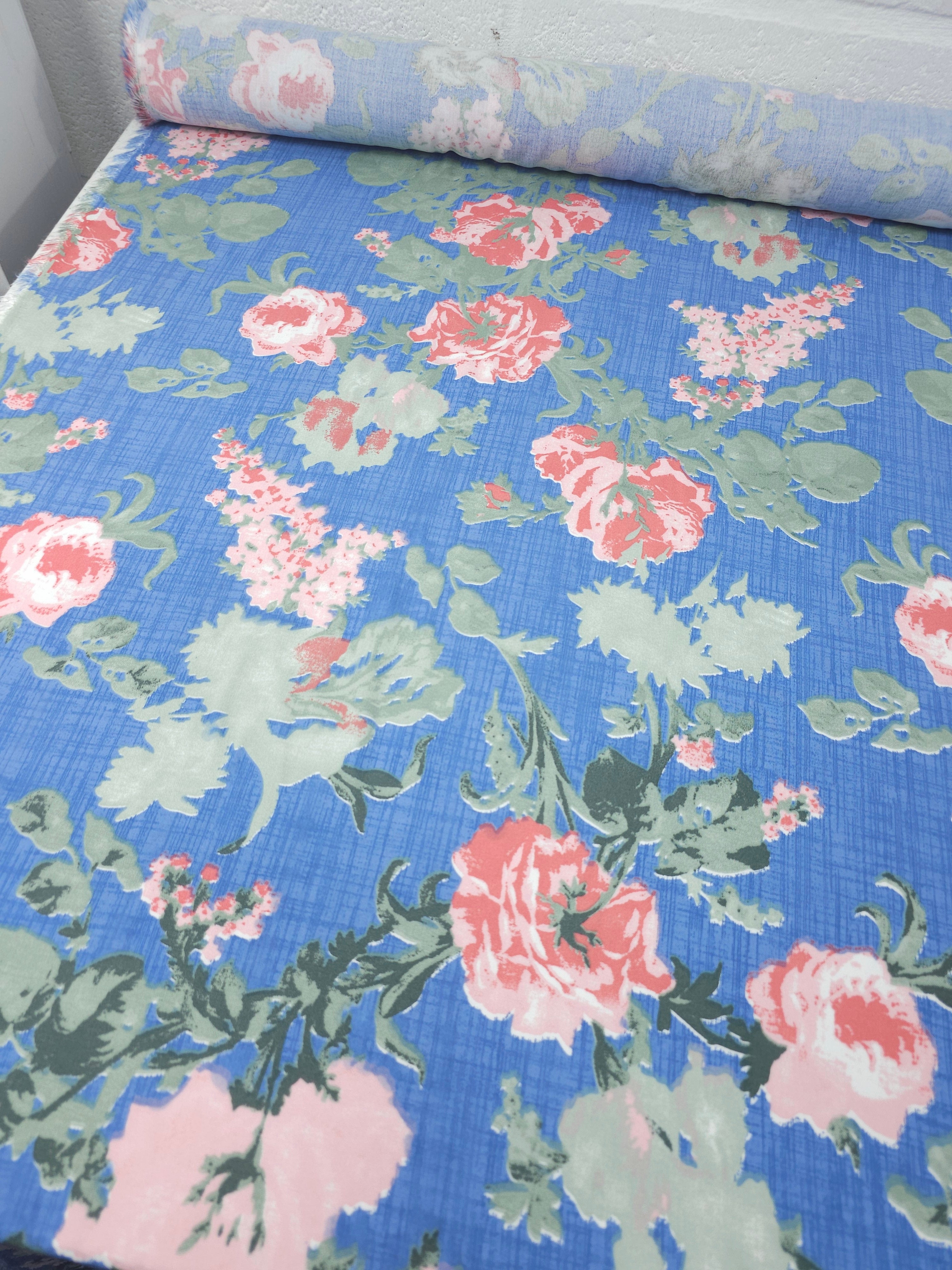 Soft Blue/Coral Rose Bunch Viscose Challis