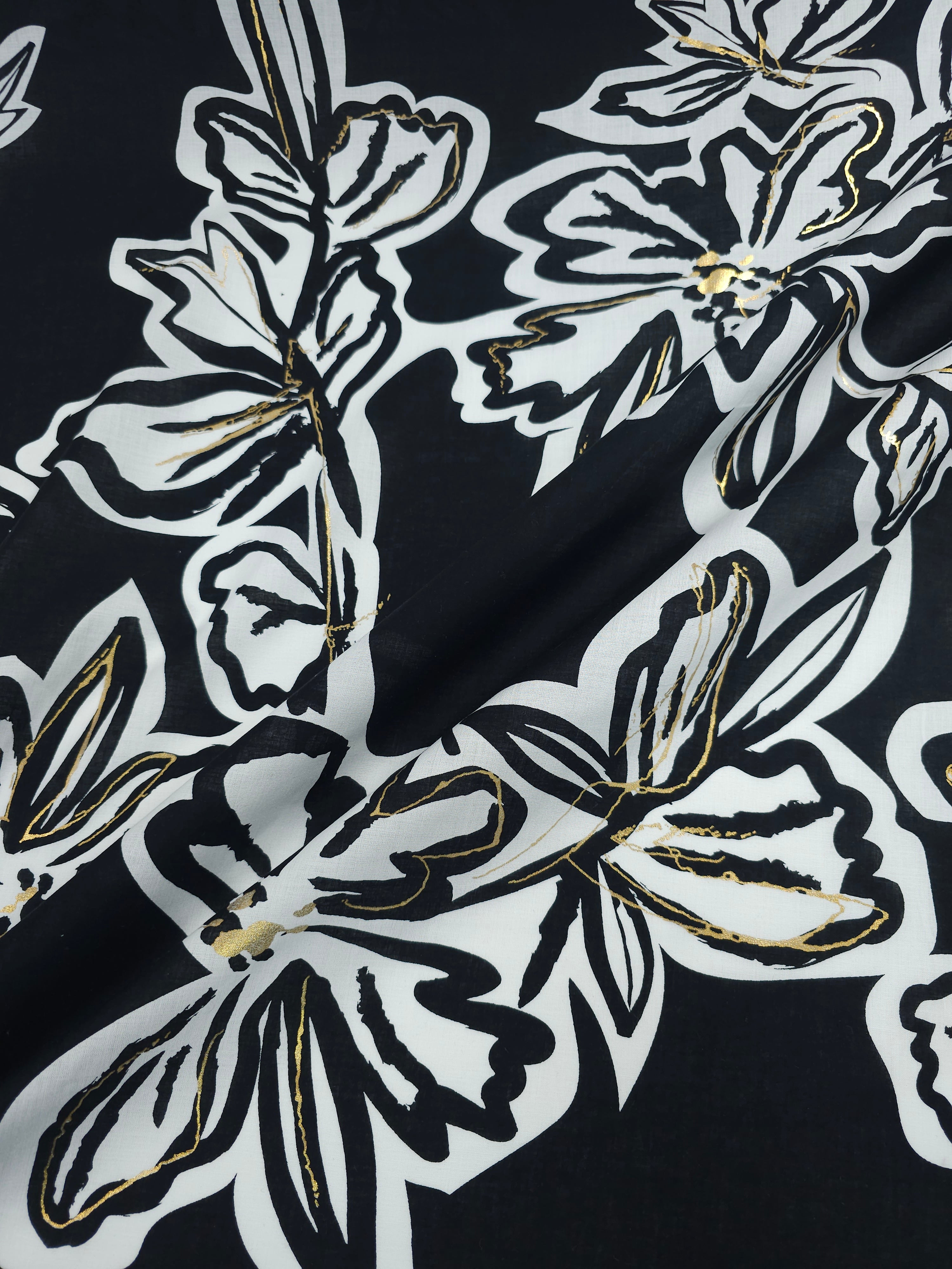 Black/Gold Foil Large Floral Cotton Voile