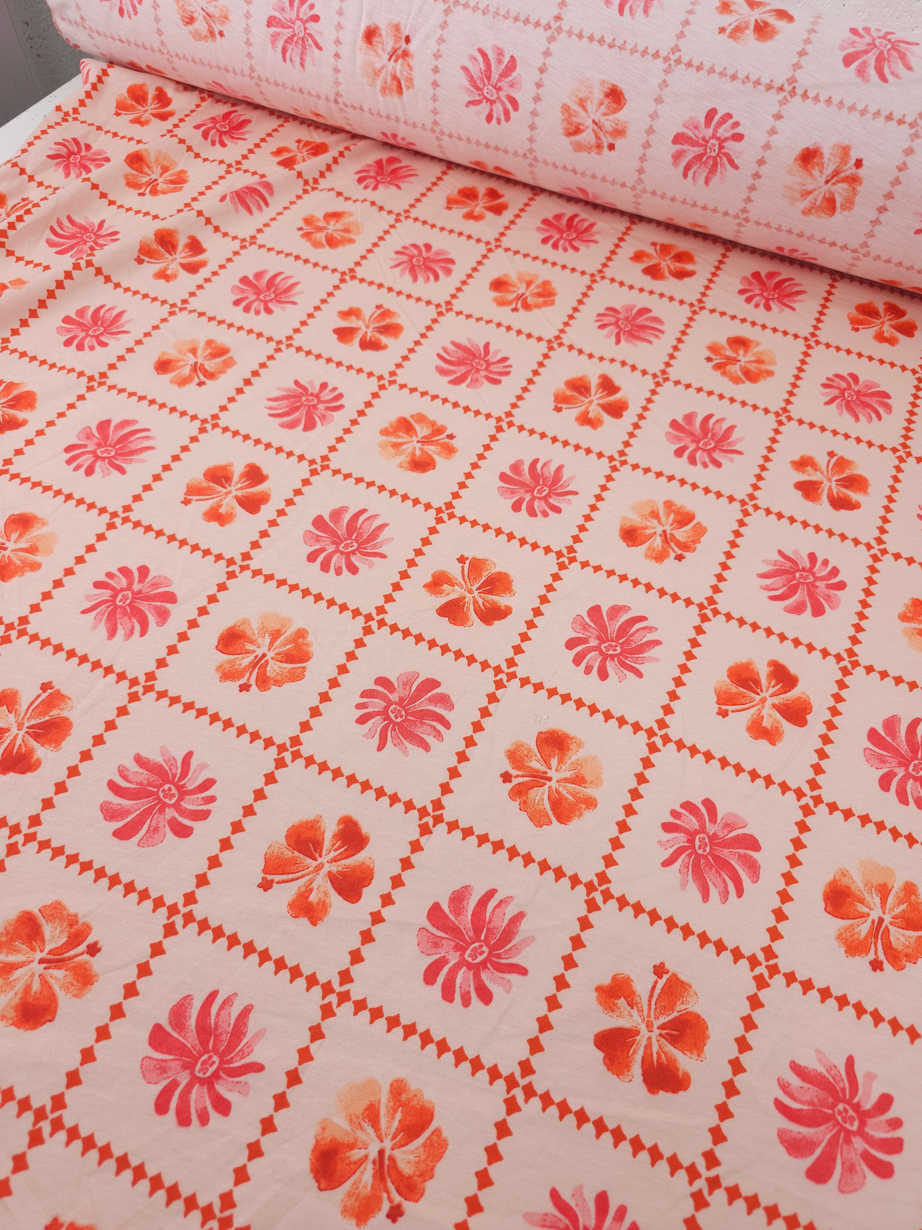 Hibiscus Floral Grid Cotton Jersey