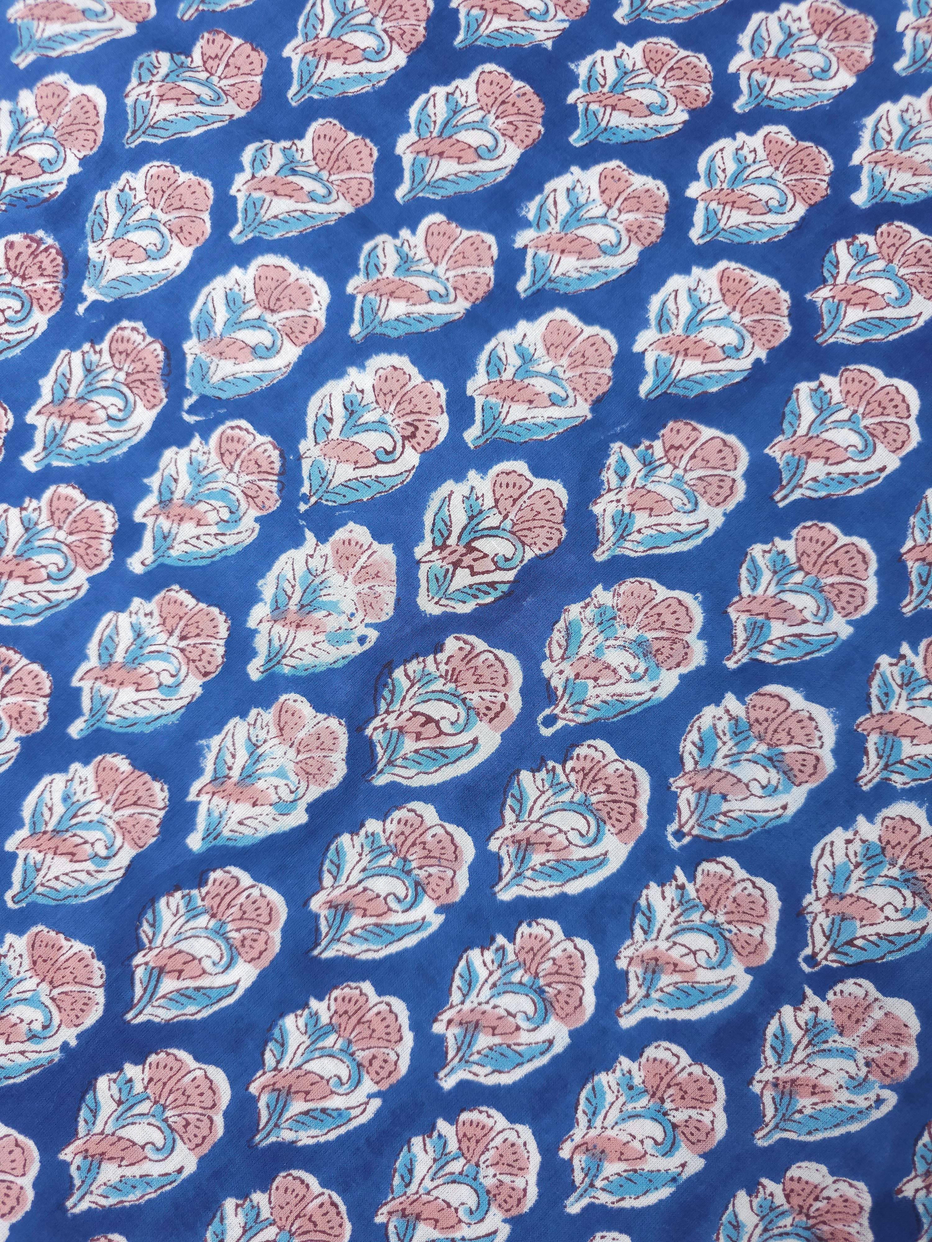 Blue/Peach Floral Block Print Cotton
