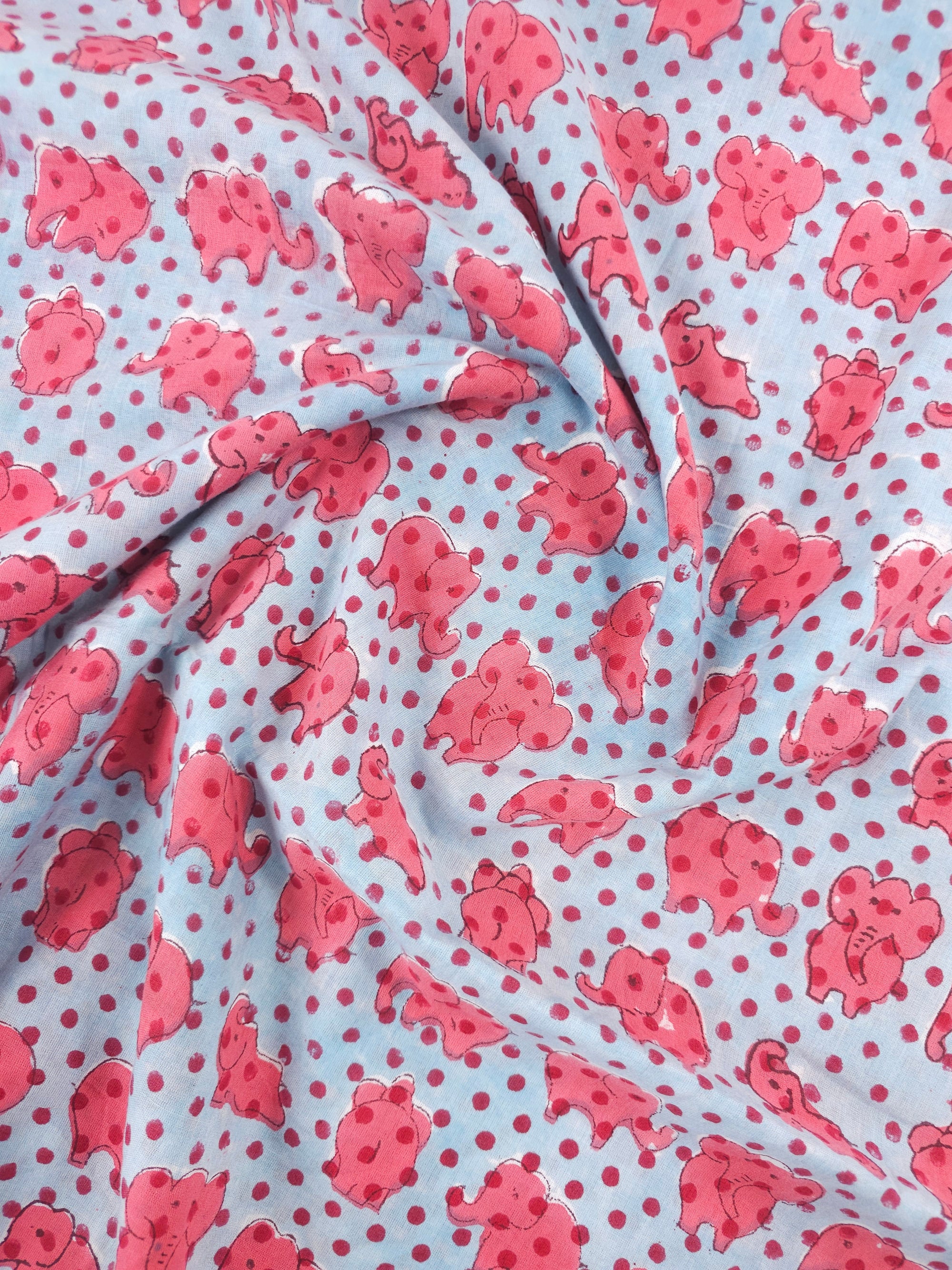 Guava Pink/Blue Polka Baby Elephant Block Print Cotton