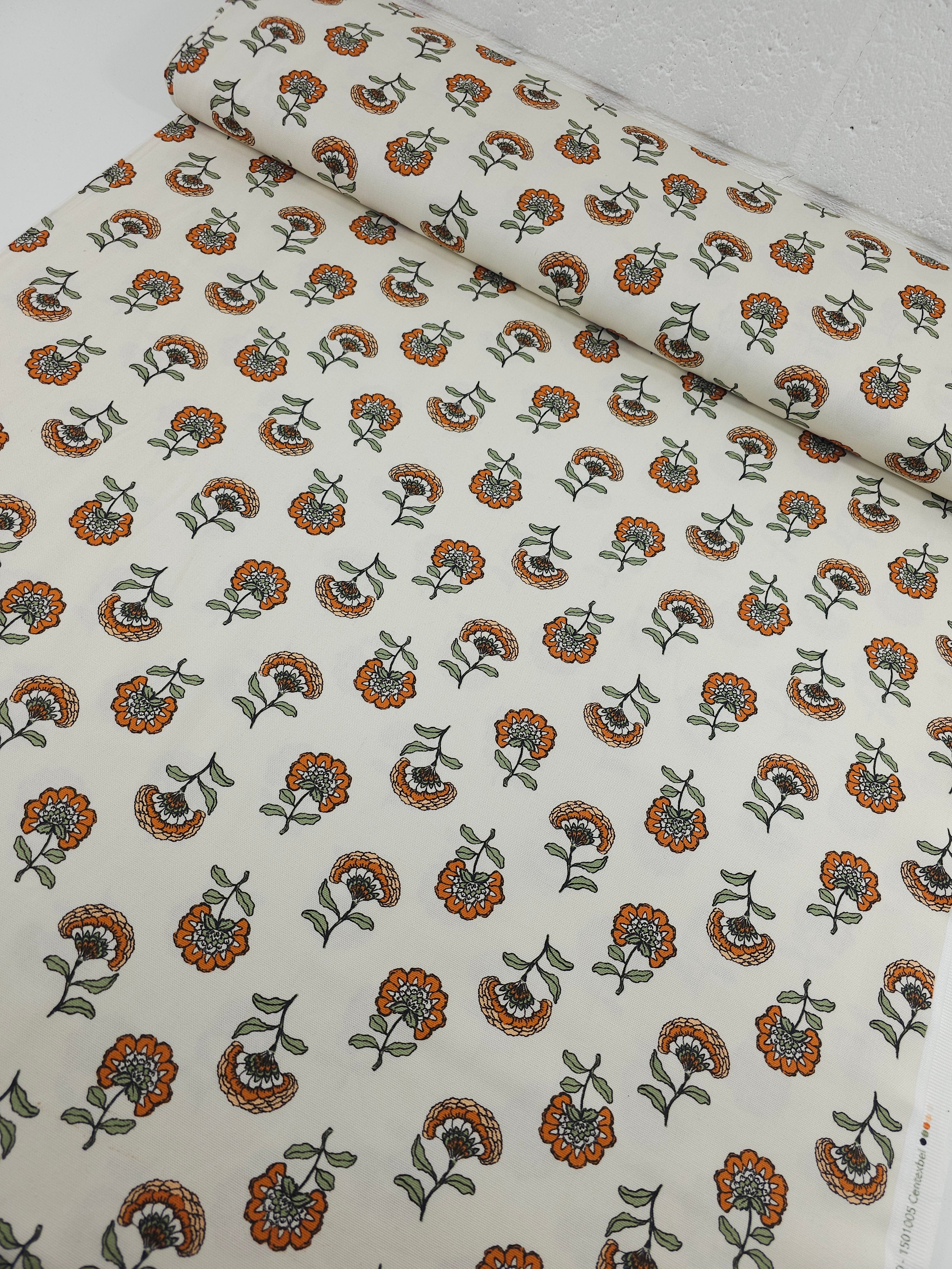Orange/Green Floating Flowers Lightweight Canvas Cotton