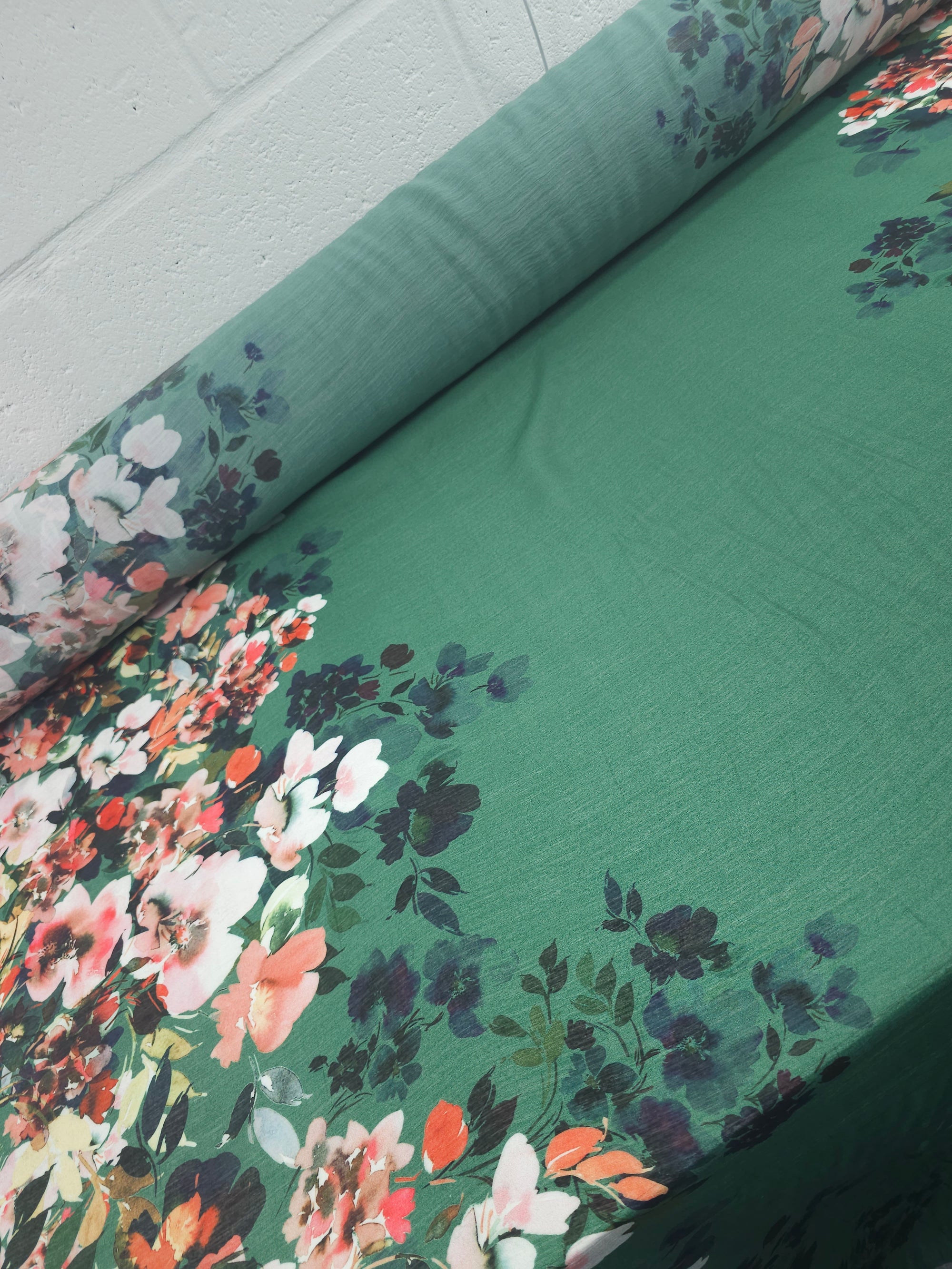 Green Double Floral Border Viscose Voile