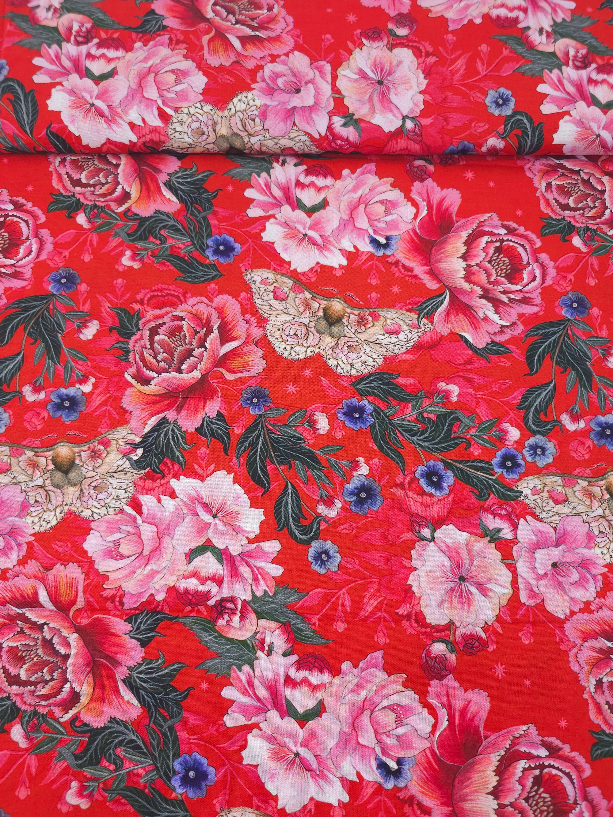 Pink/Red Floral Blossom Moth 100% Cotton - Free Spirit