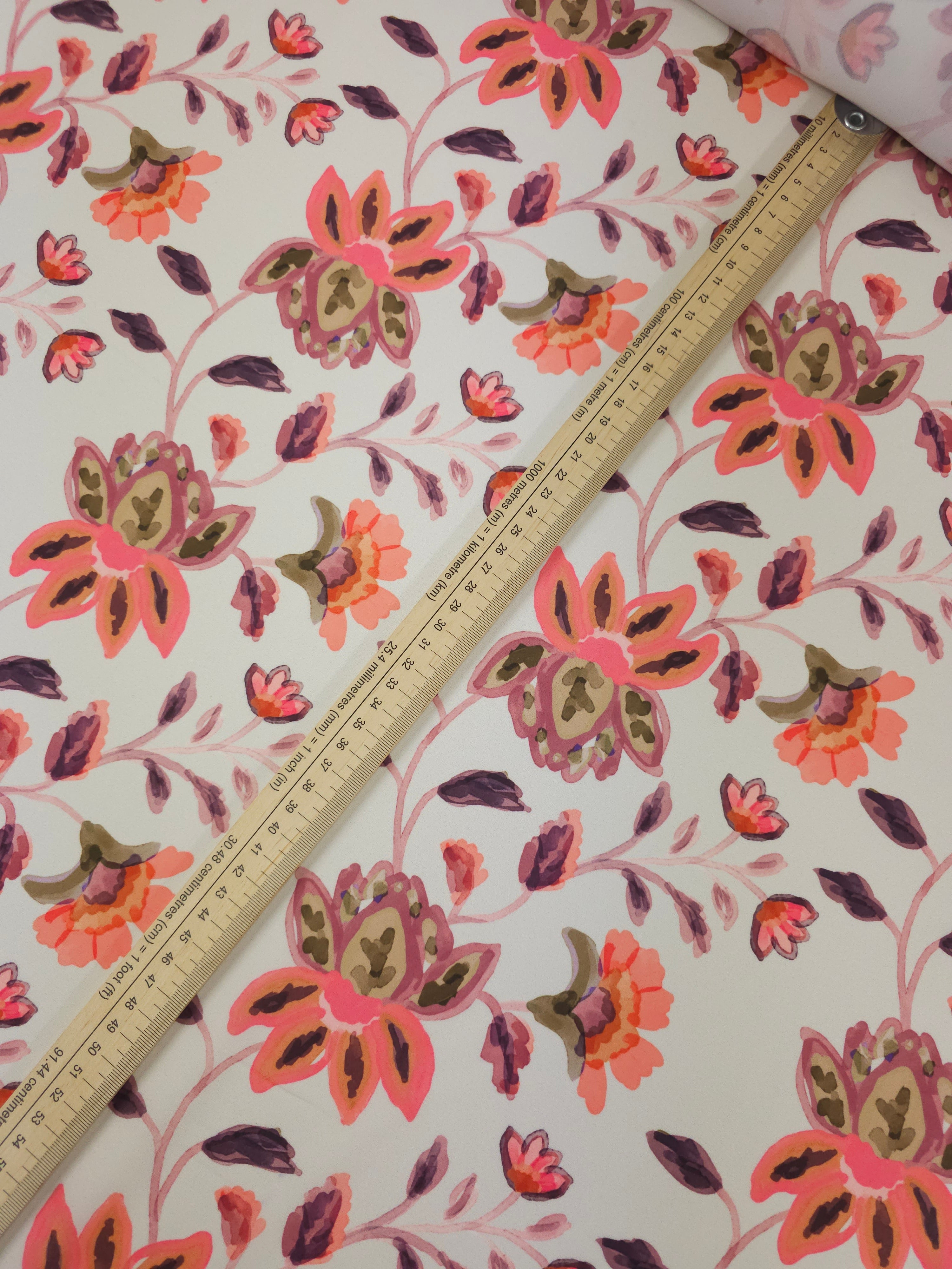 Ivory Cream/Coral Symmetry Floral Viscose Crepe