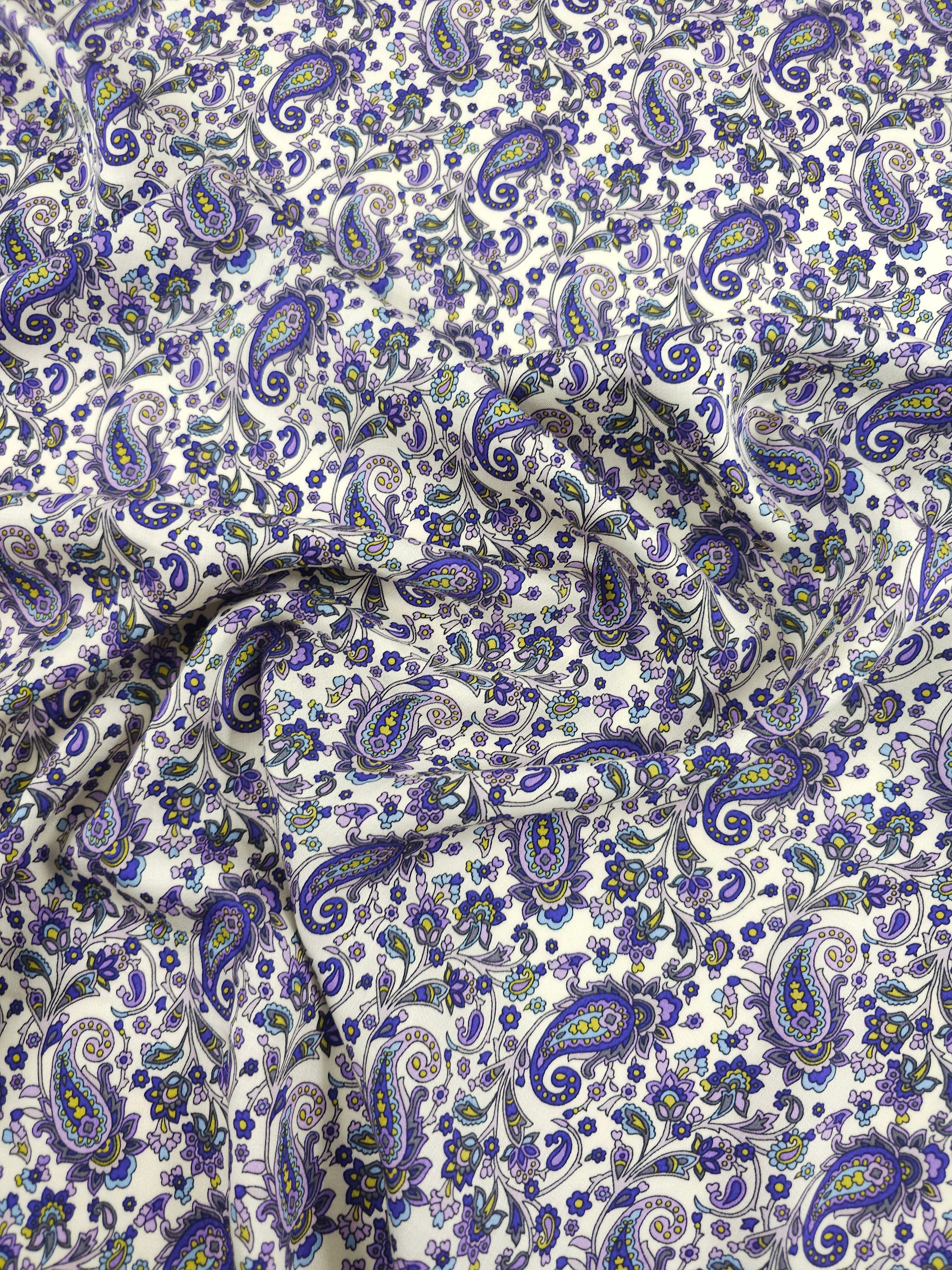 Purple/Cream Ditsy Paisley Twine Viscose Satin