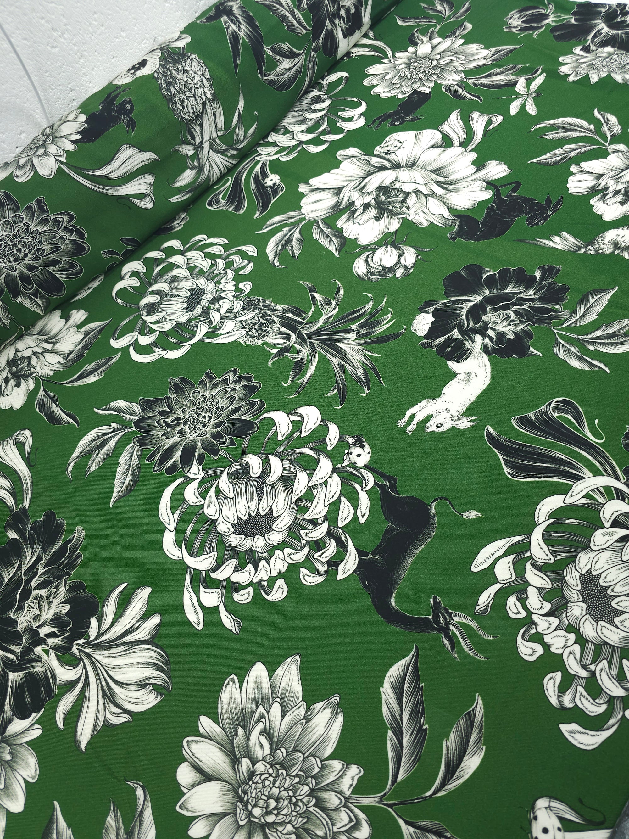 Green Wildlife Floral Viscose Twill