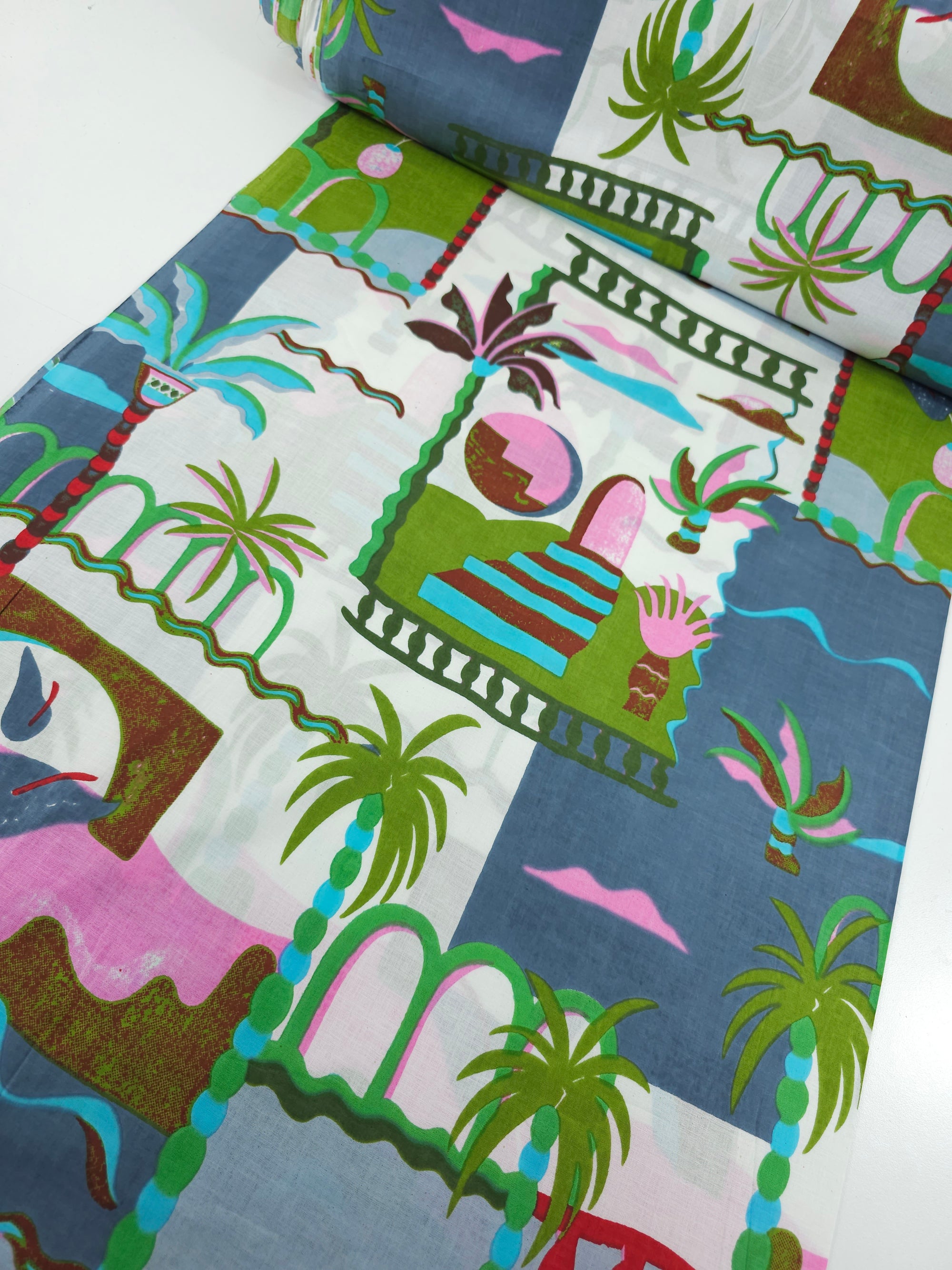Green/Grey Palm Tree Scenery Cambric Cotton