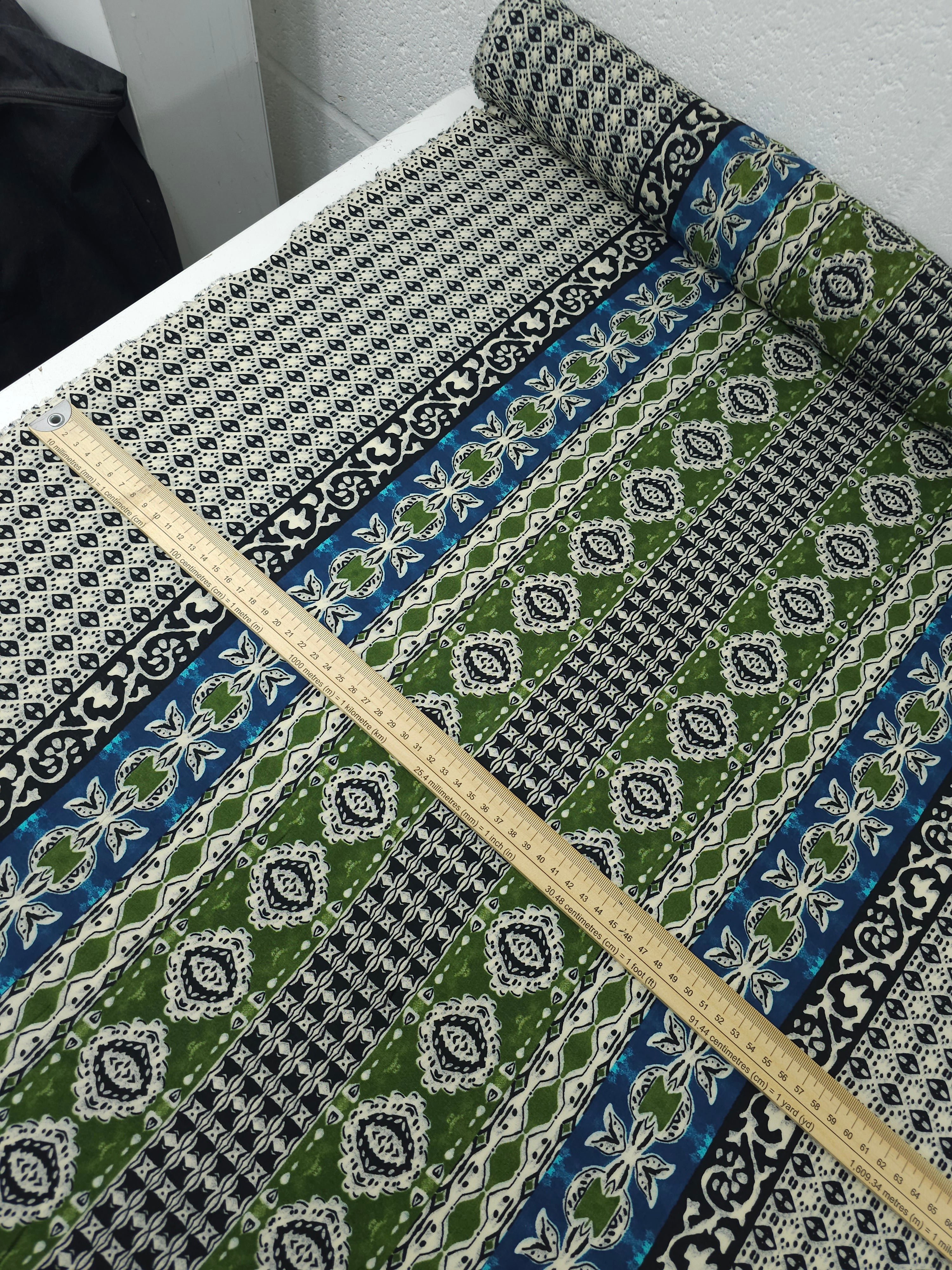 Green/Blue Boho Panel Stripe Viscose Challis