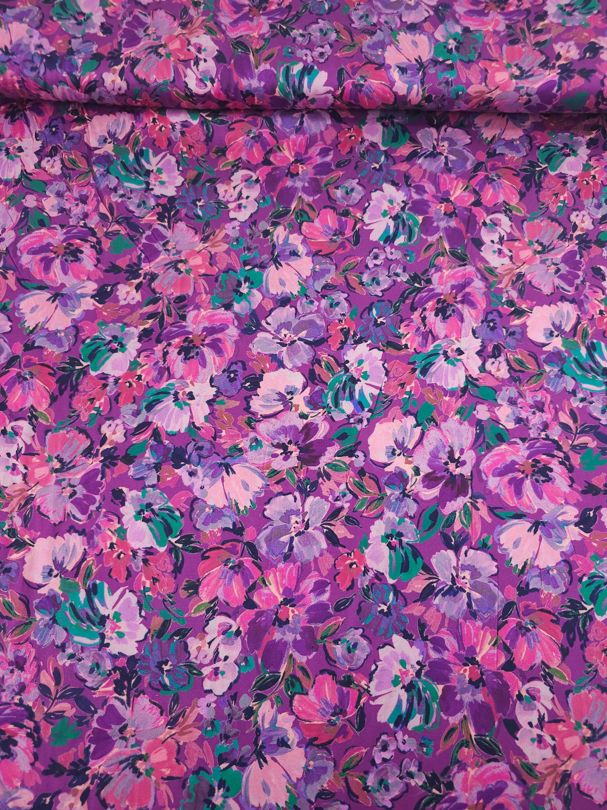 Purple Painterly Floral Meadow Cotton Satin 60"