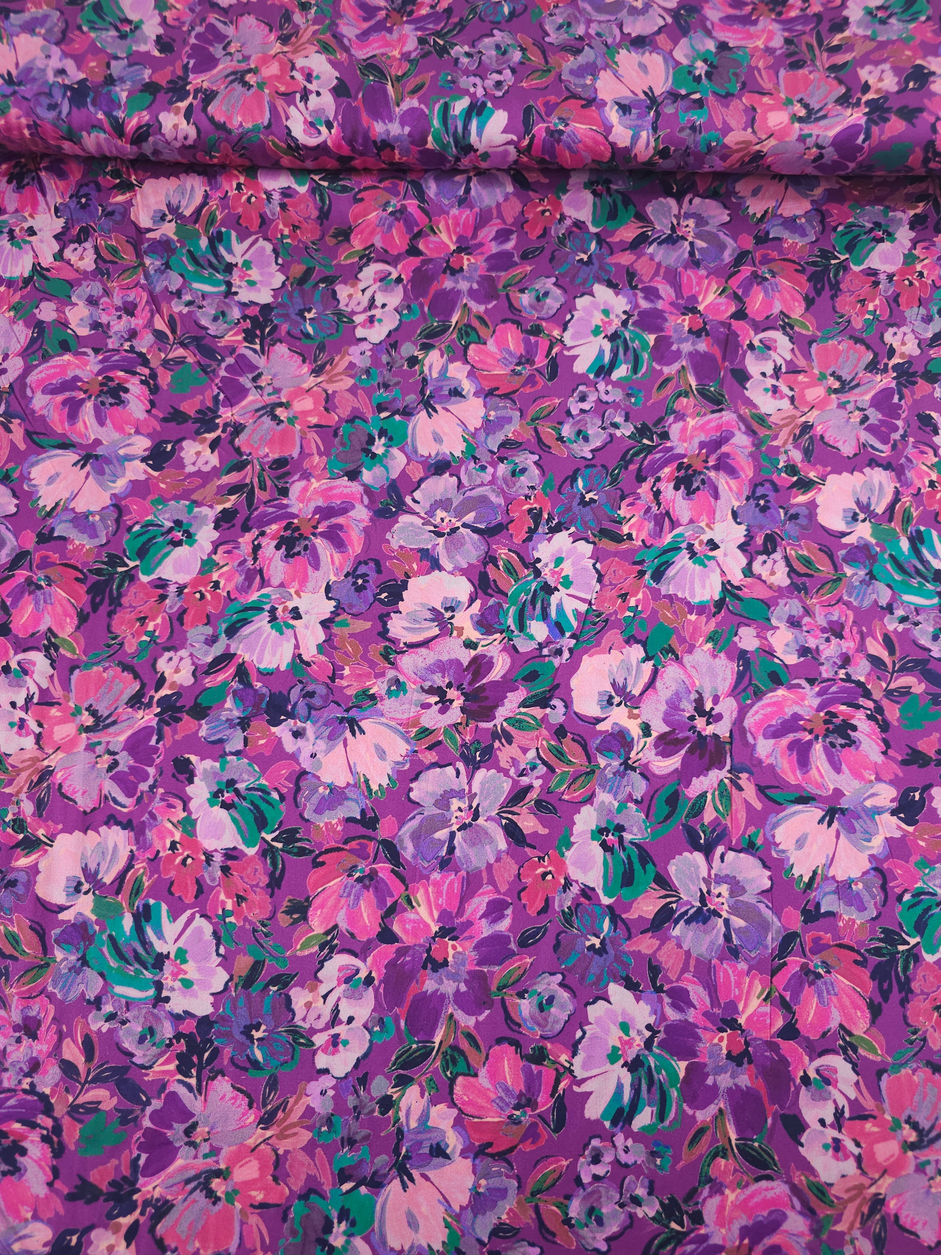 Purple Painterly Floral Meadow Cotton Satin 60"