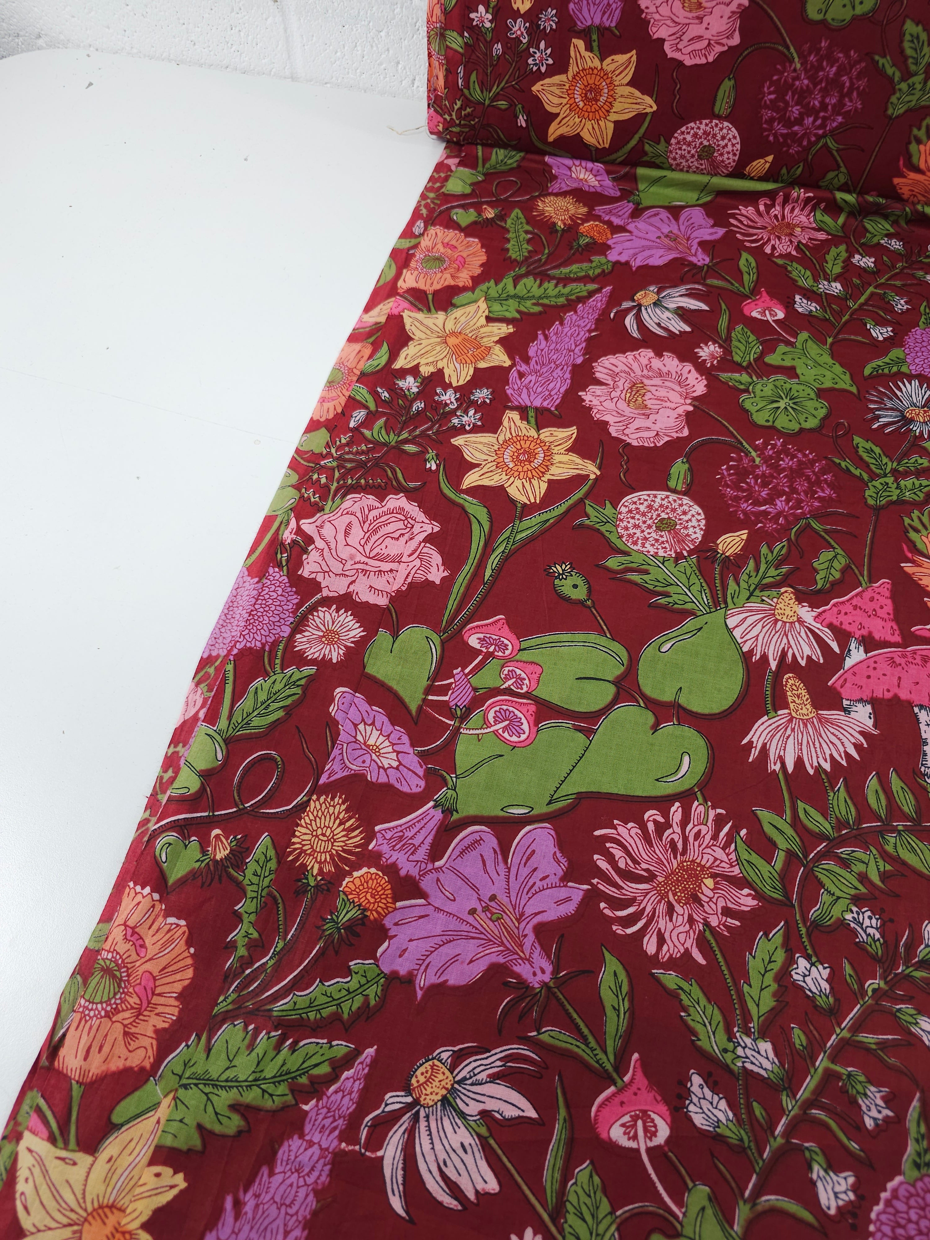 Burgundy Floral Shroom Field Cambric Cotton
