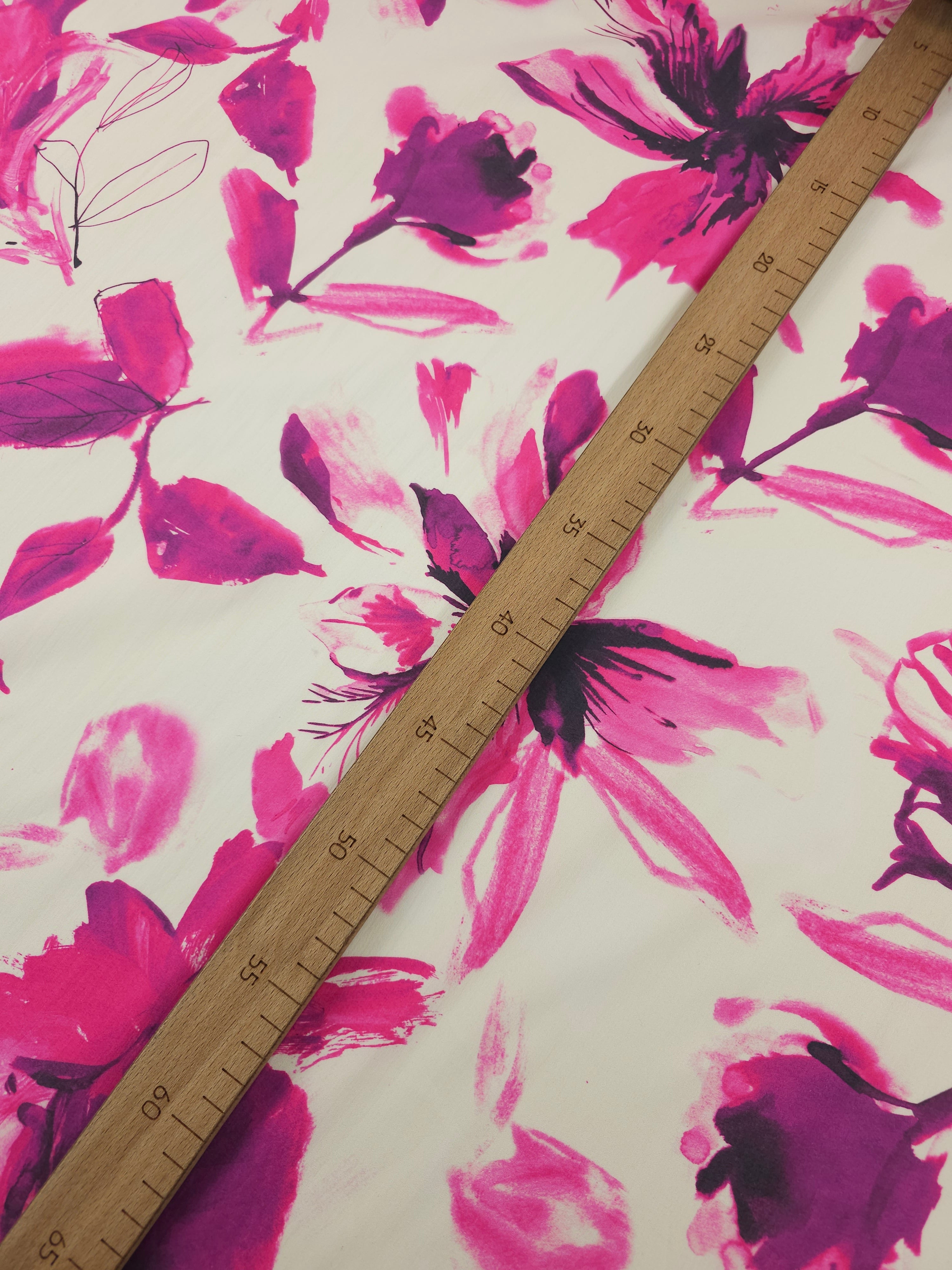 Cream/Magenta Watercolour Floral Lightweight Cotton Stretch