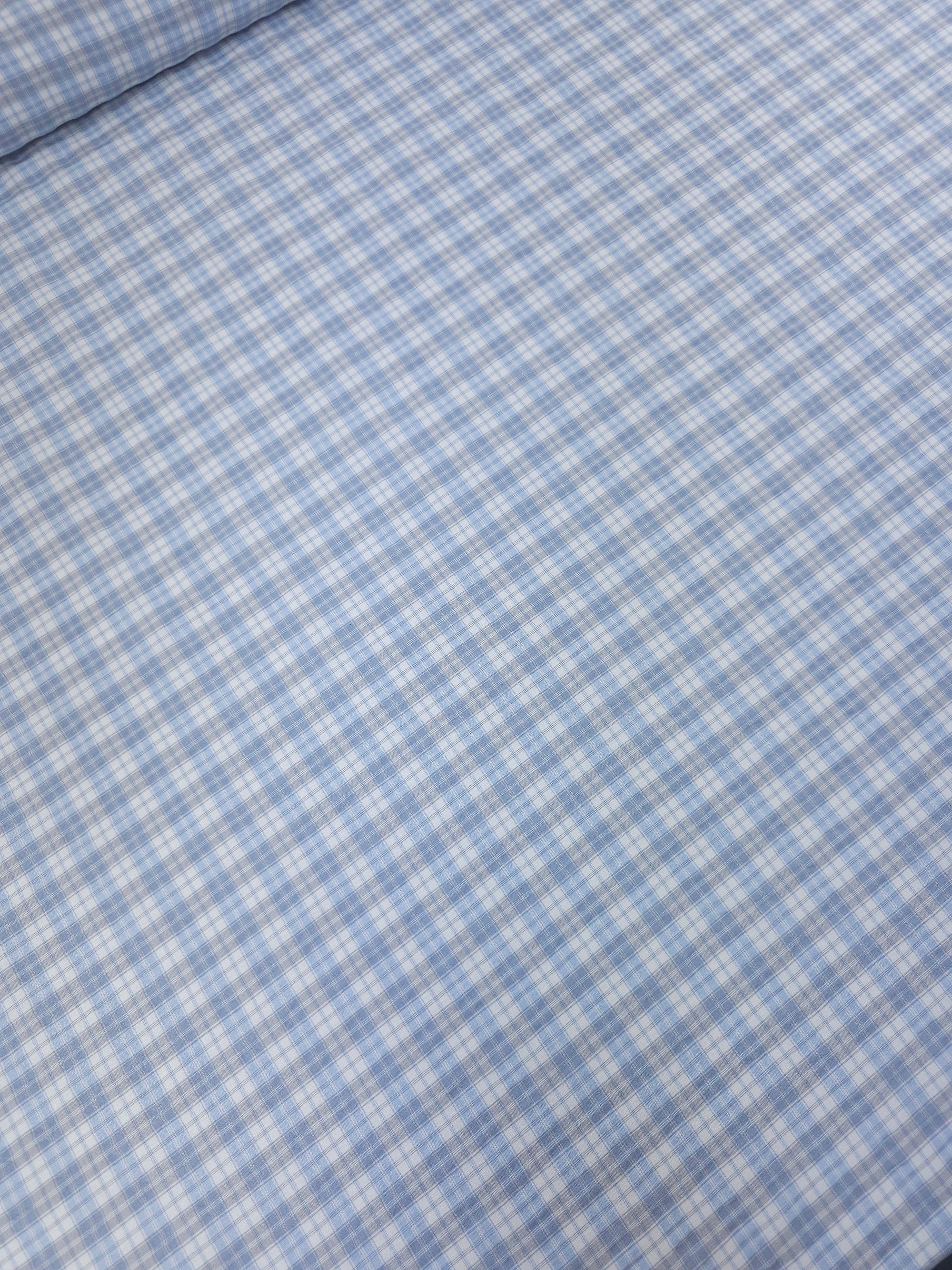 Baby Blue/Grey Tartan Crinkle Poly Cotton