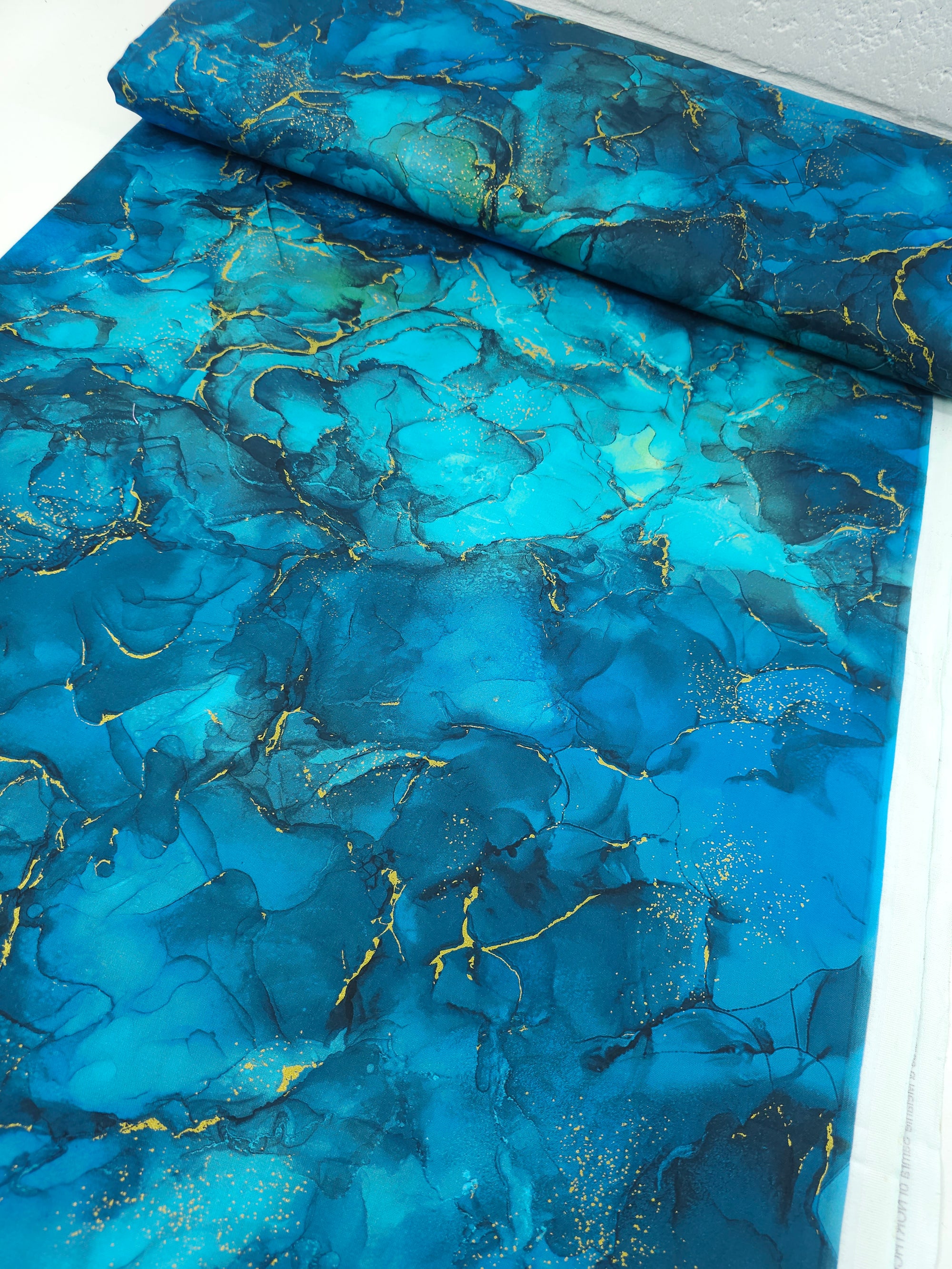 Teal Blue/Gold Marble 100% Cotton