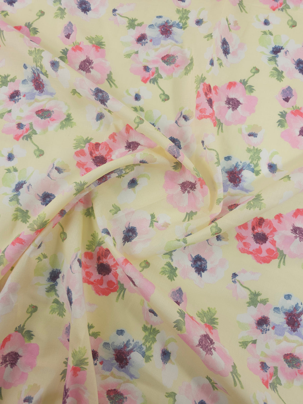 Pale Yellow Retro Floral Mediumweight Cotton Voile