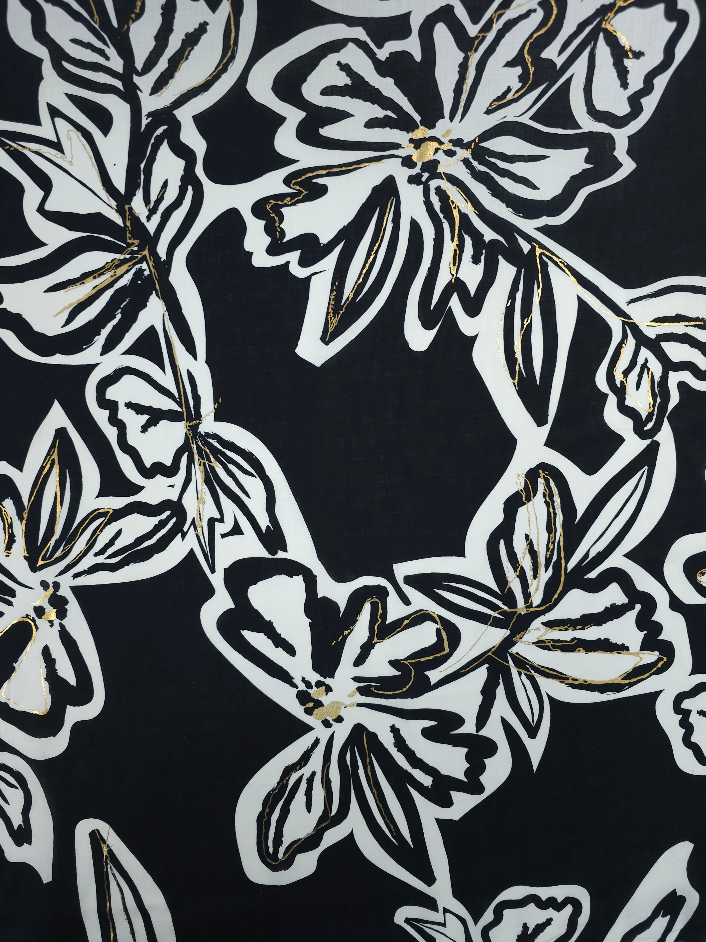 Black/Gold Foil Large Floral Cotton Voile
