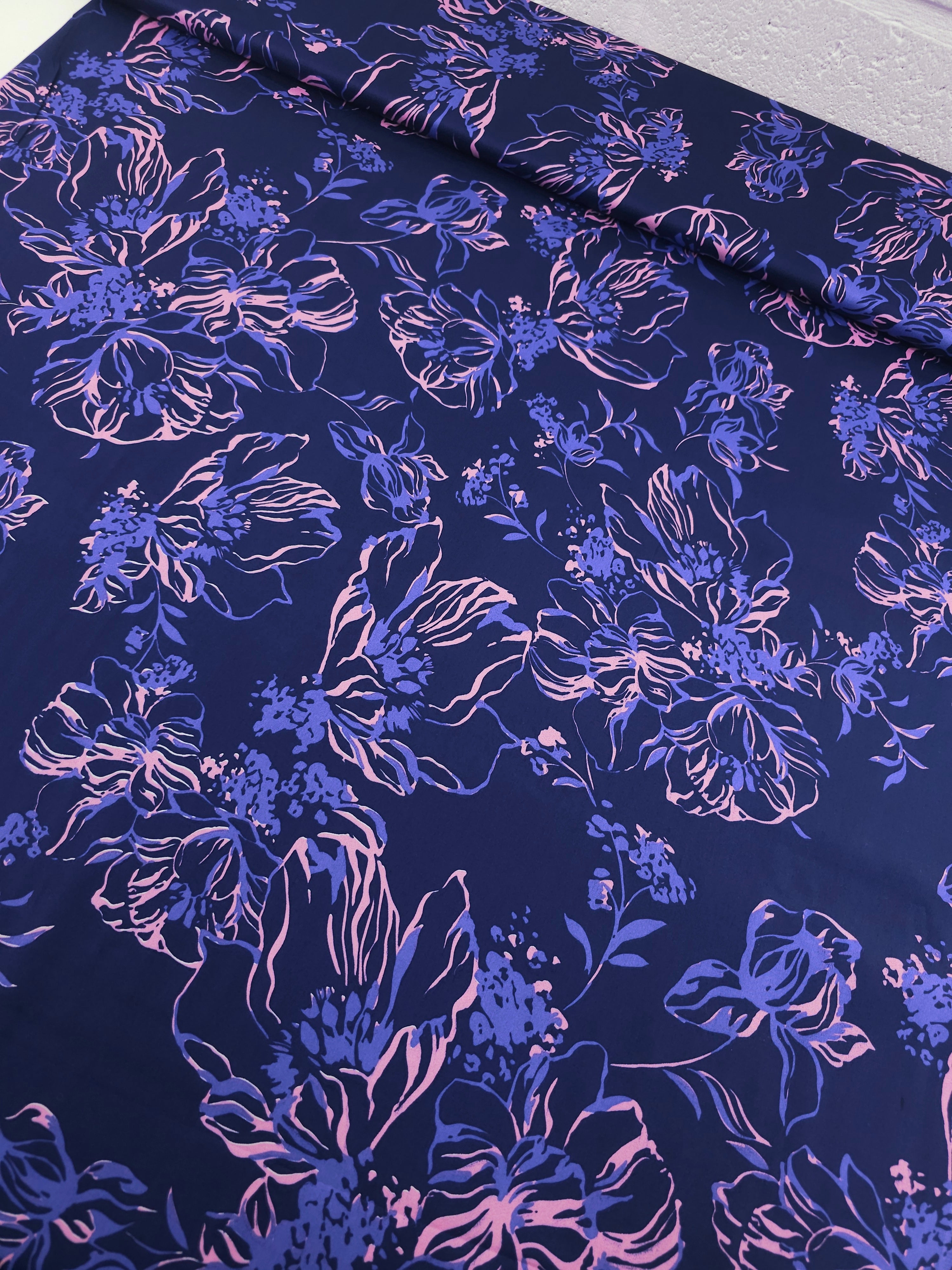 Navy/Pink Sketch Wildflower Cotton Satin 60"