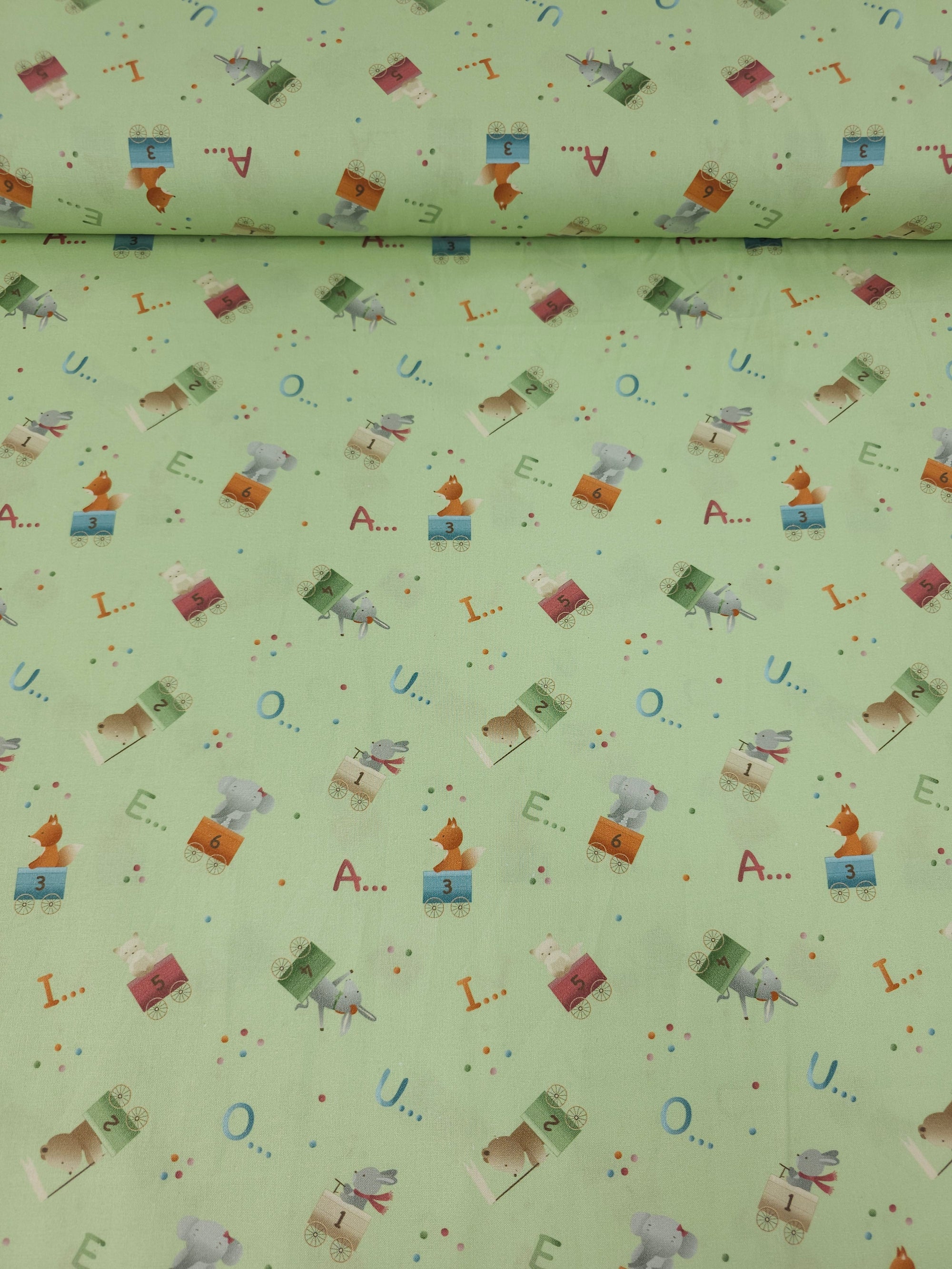Pastel Green Novelty Alphabet 100% Cotton 57"