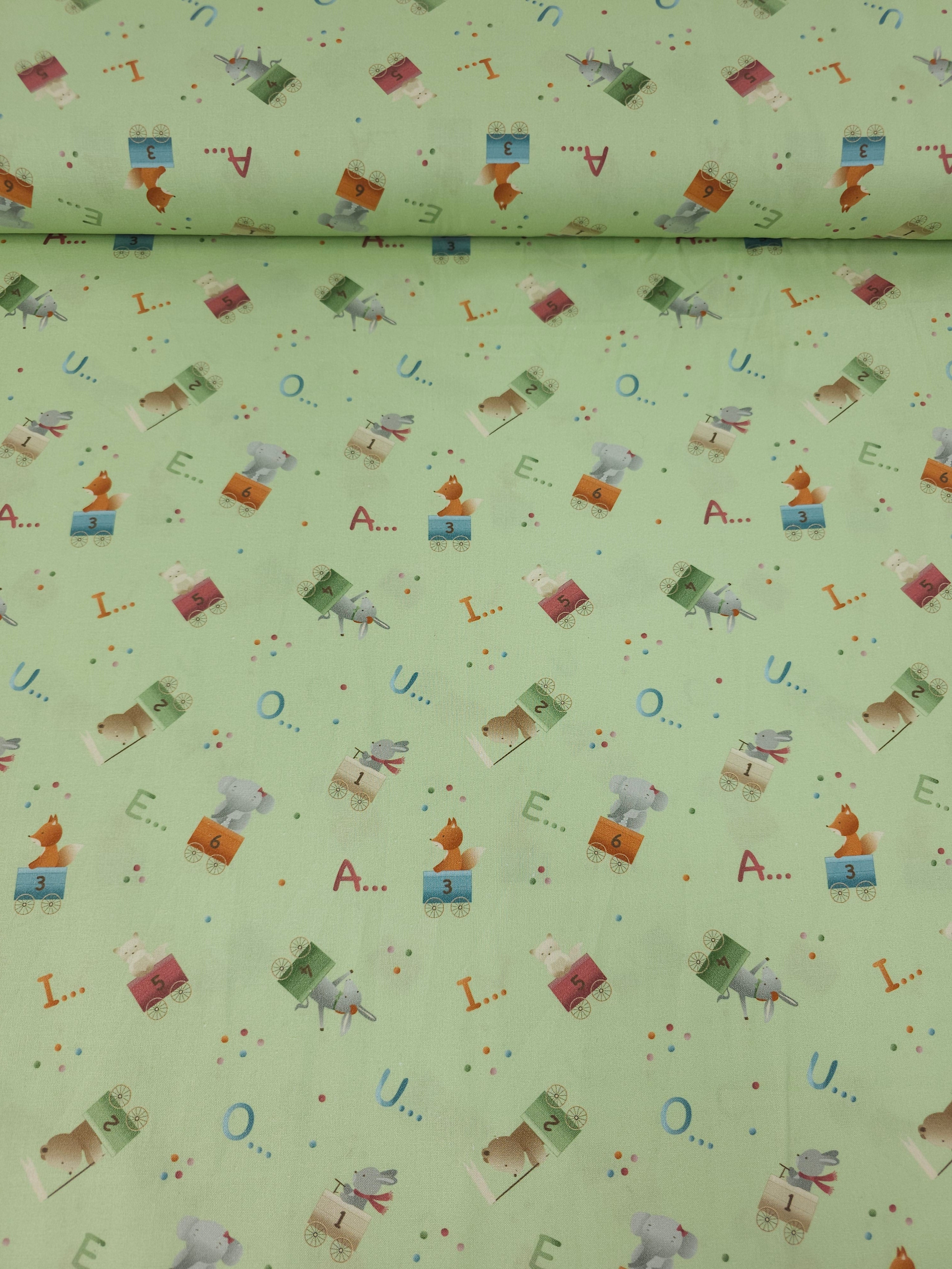 Pastel Green Novelty Alphabet 100% Cotton 57"