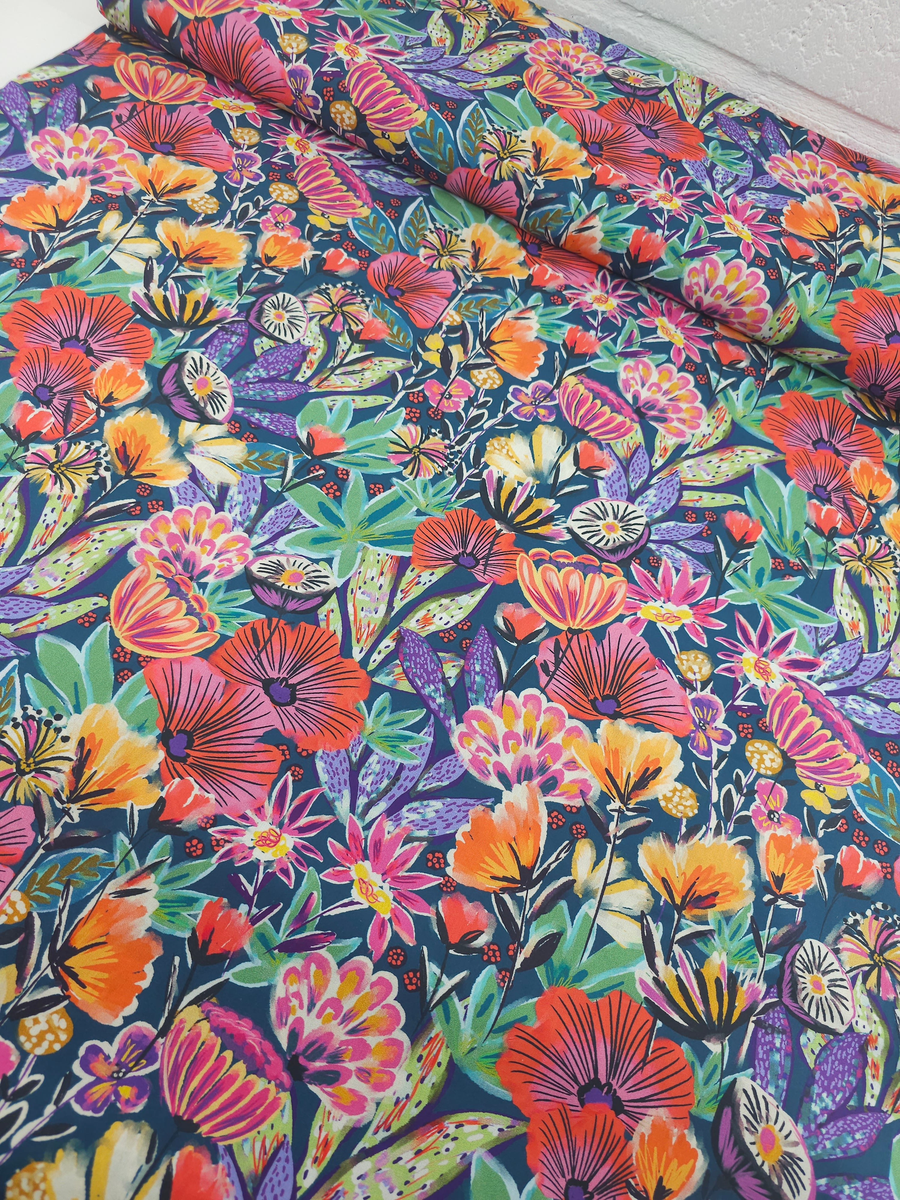 Petrol Blue Exotic Floral Carnival 100% Cotton 57"