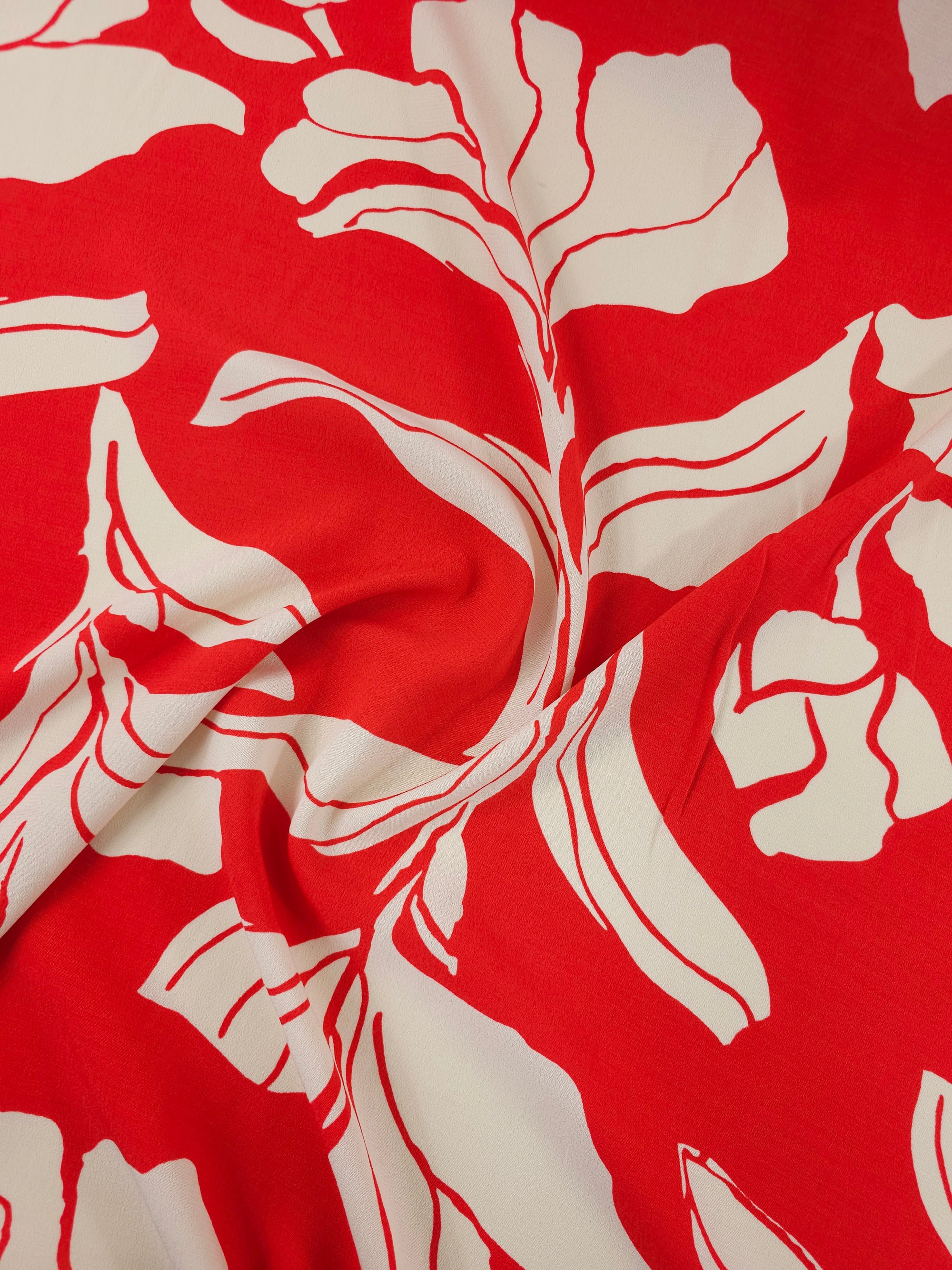 Red/Cream Large Flower Stem Viscose Crepe