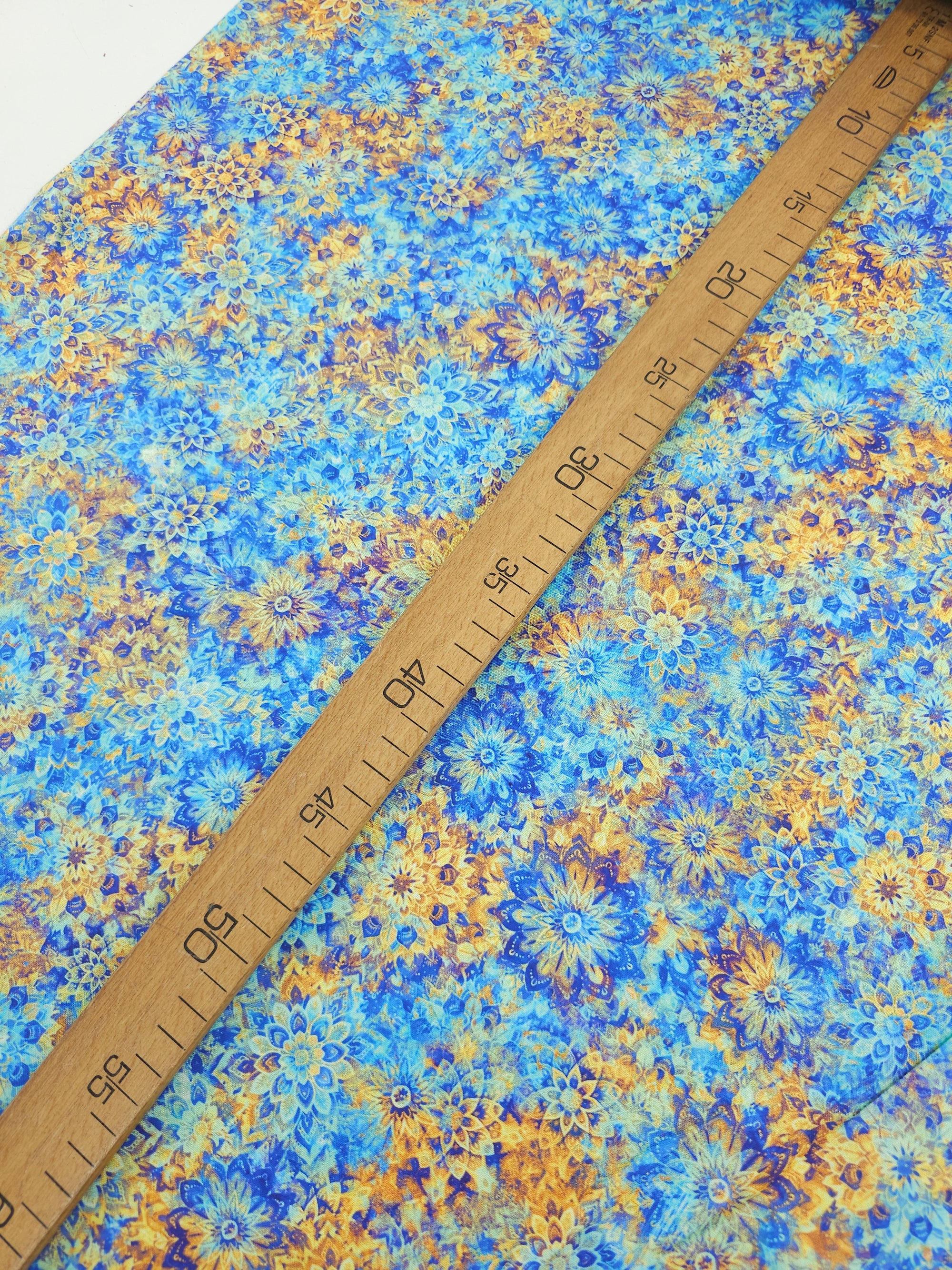 Marigold/Blue Dancing Dahlias Kaleidoscope 100% Cotton