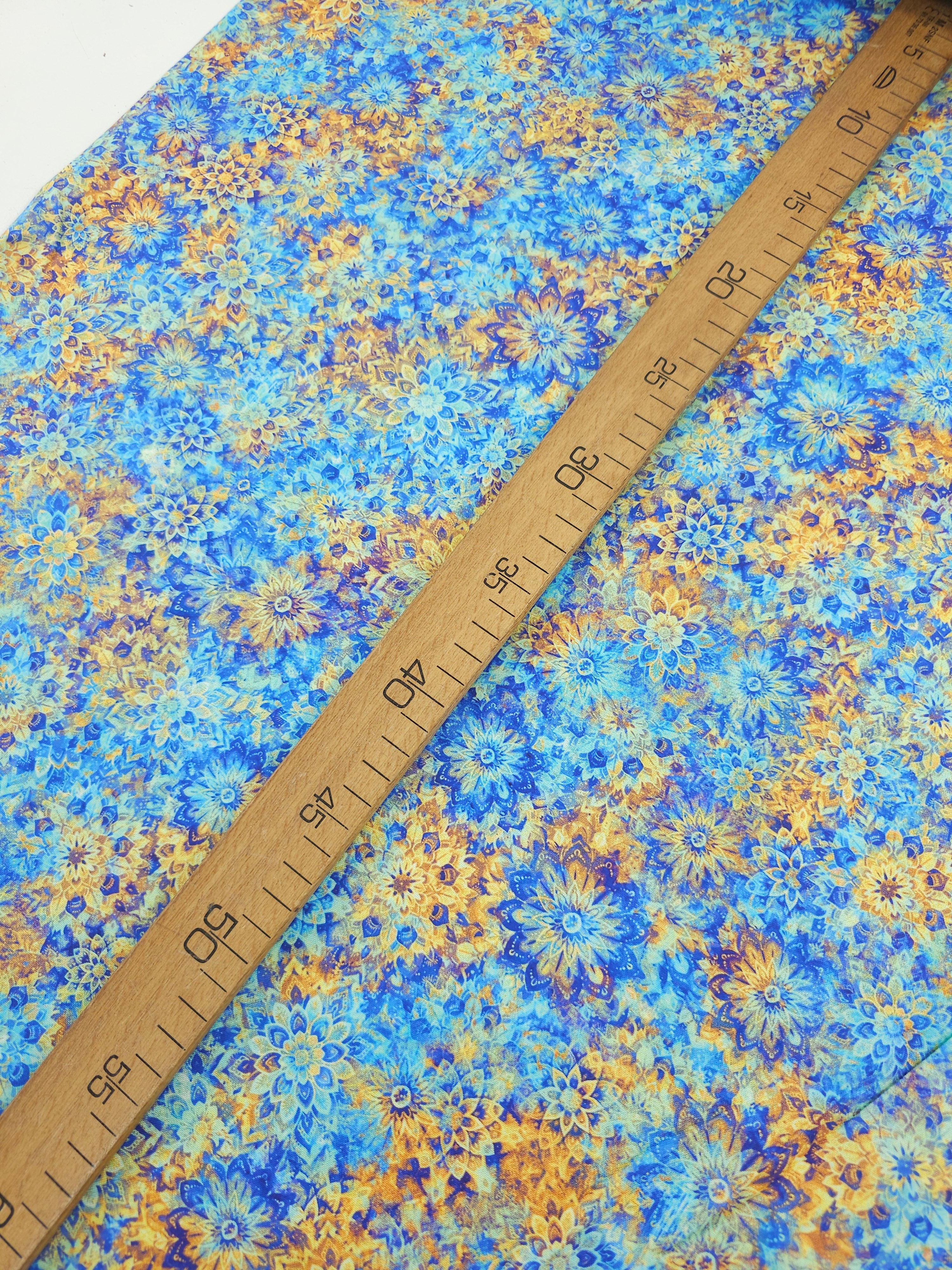 Marigold/Blue Dancing Dahlias Kaleidoscope 100% Cotton