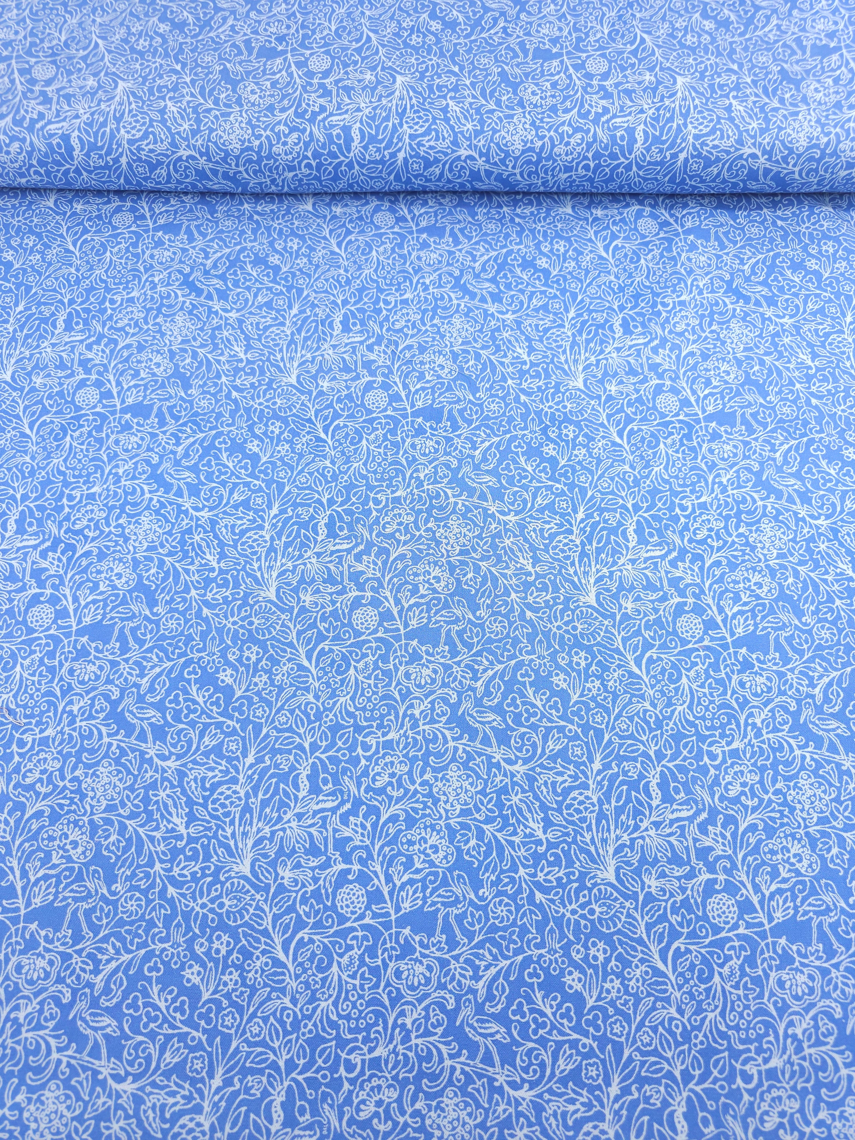 Soft Blue/White Bird Floral Sketch 100% Cotton