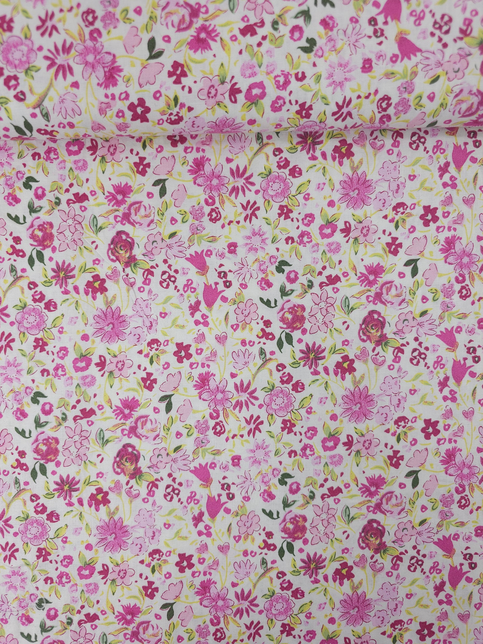 Pink Sketch Watercolour Floral 100% Cotton