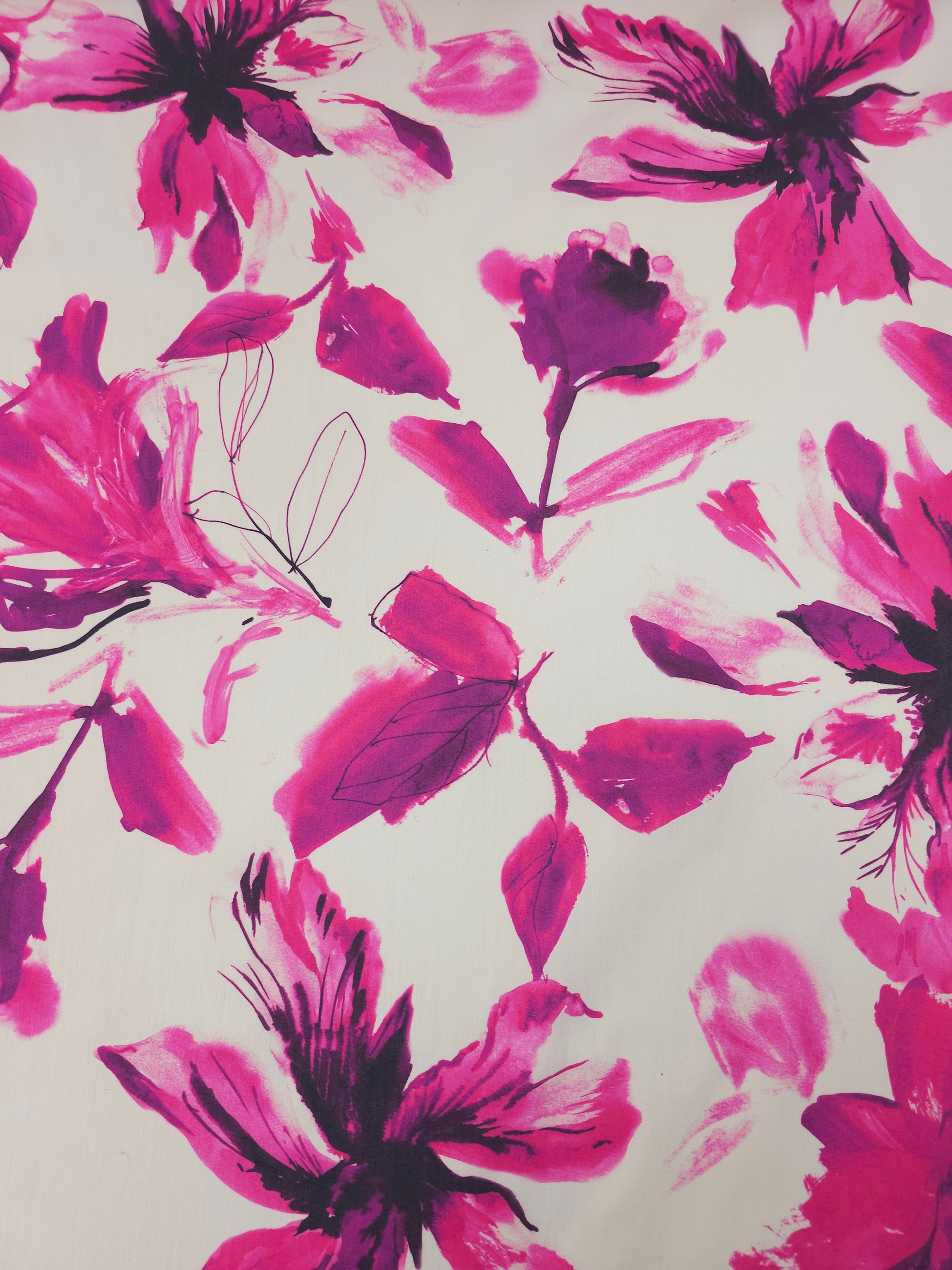 Cream/Magenta Watercolour Floral Lightweight Cotton Stretch