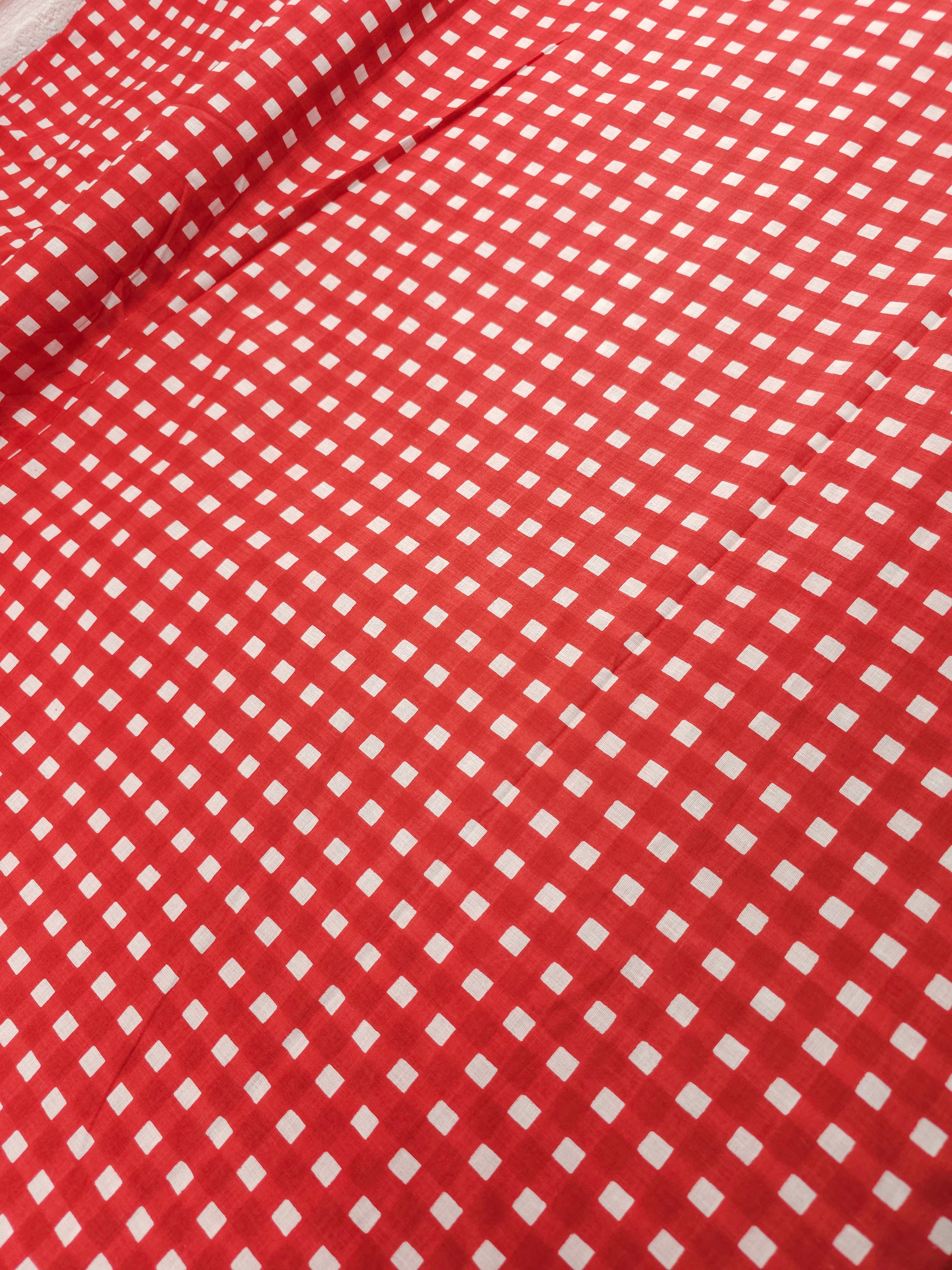 Red Square Check Block Print Cotton