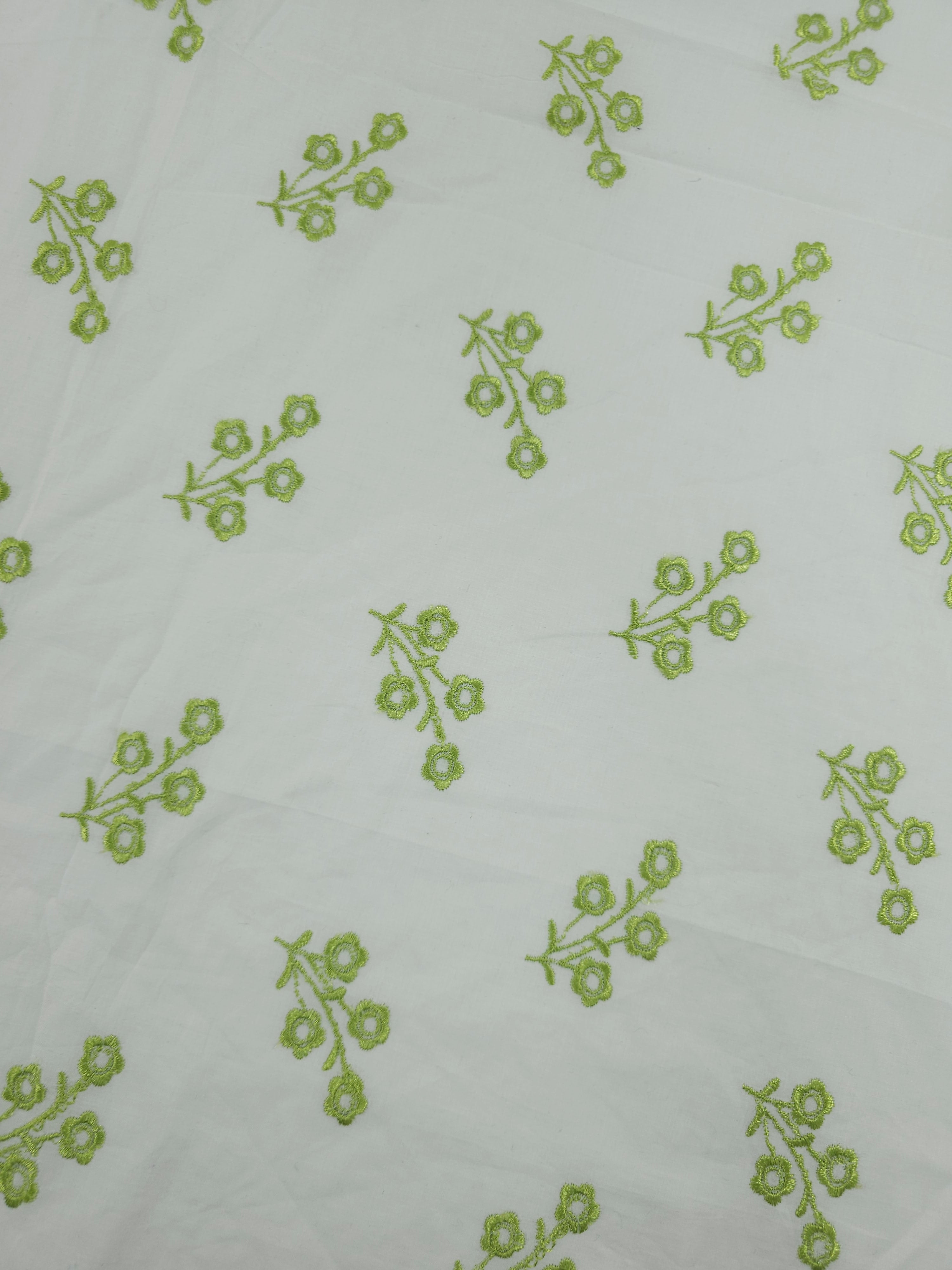 Lime Green Flower Stems Cotton Poplin Broderie Anglaise