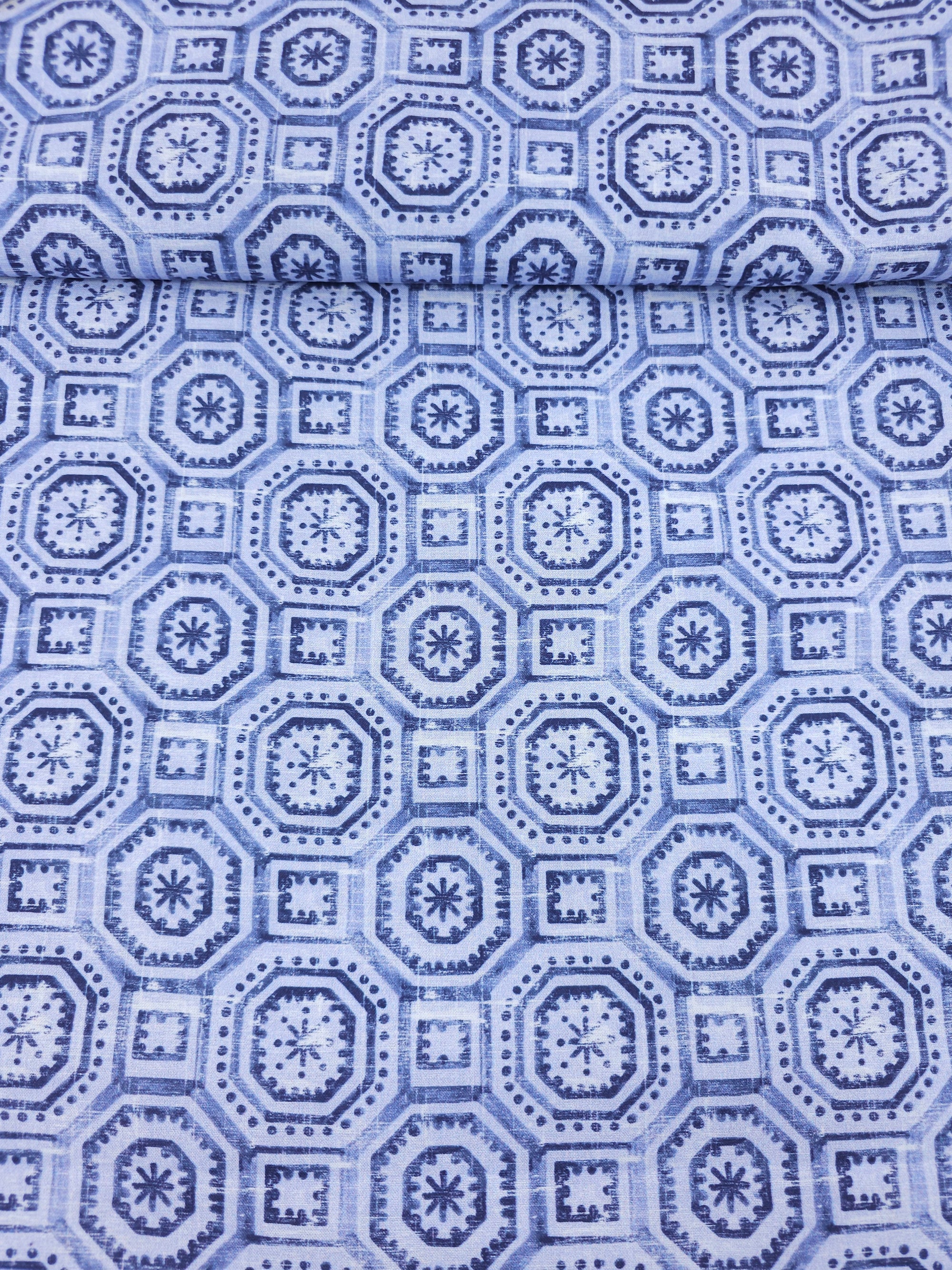 Cornflower Blue/Navy Mosaic Shapes 100% Cotton