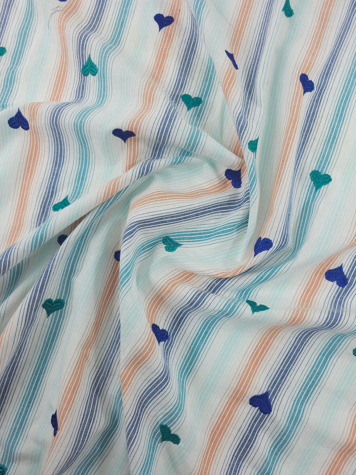 Blue/Teal Embroidered Heart Stripe Cotton